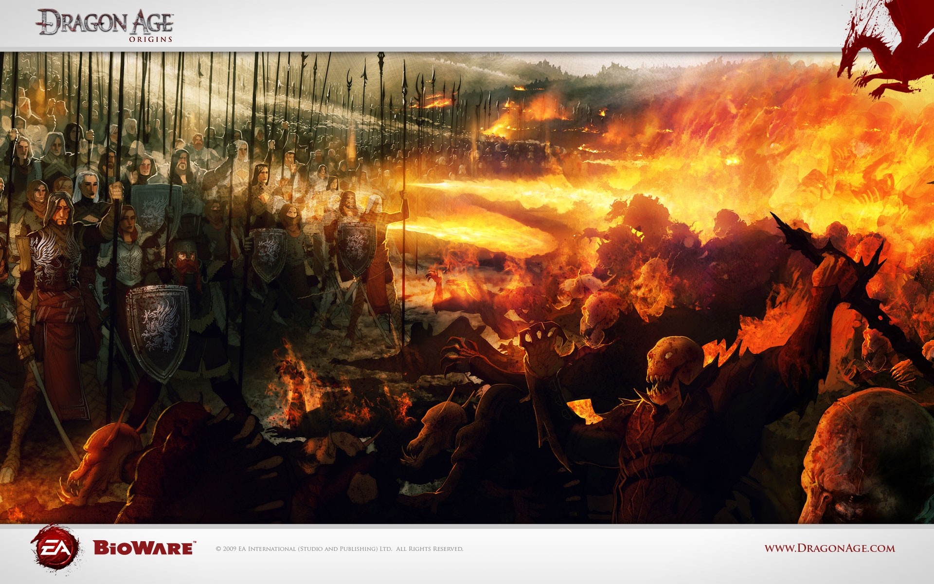 Dragon Age: Origins battle scene with soldiers and fire HD Wallpaper