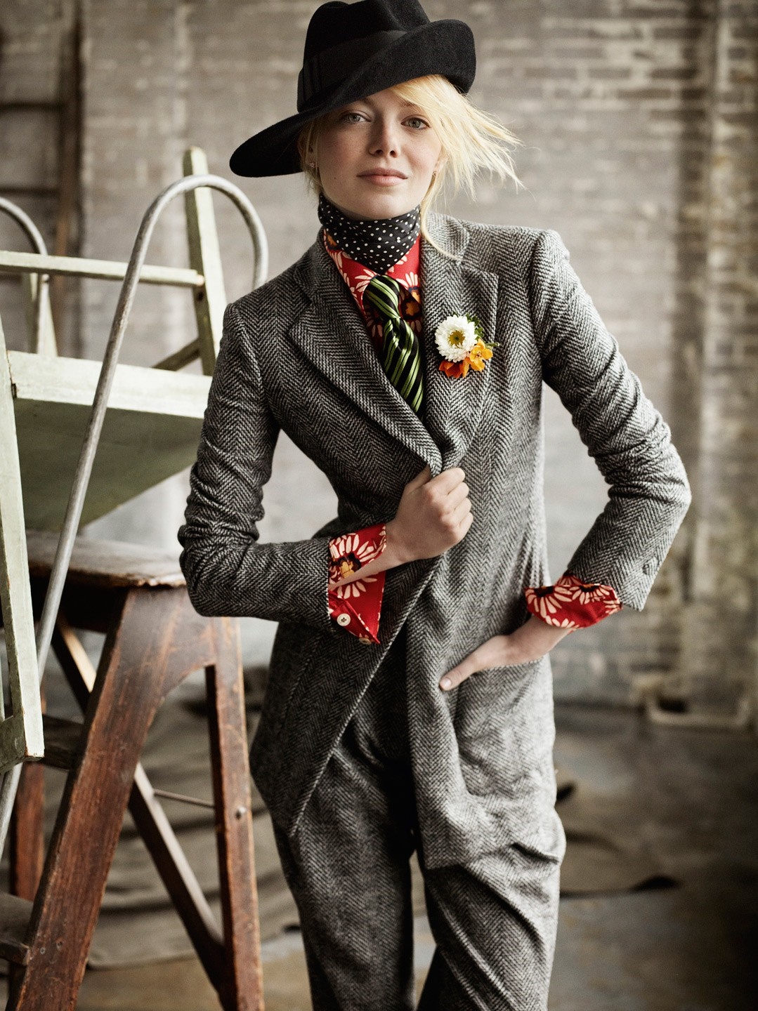 Emma Stone in a stylish suit and hat HD Wallpaper