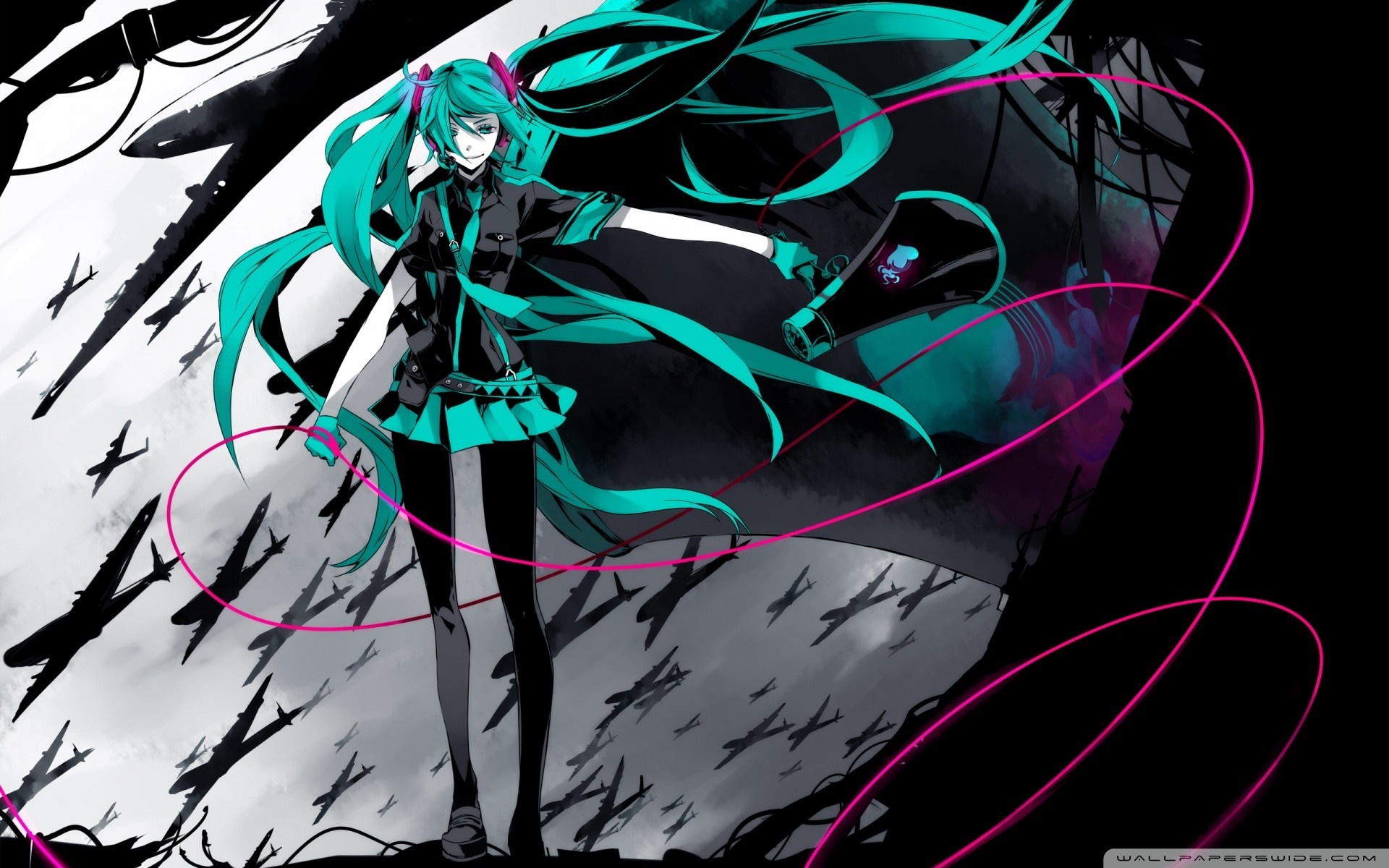 Hatsune Miku from Vocaloid with airplanes HD Wallpaper