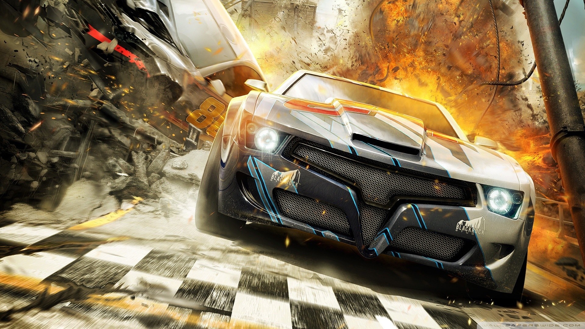 Car crash with explosions and debris HD Wallpaper