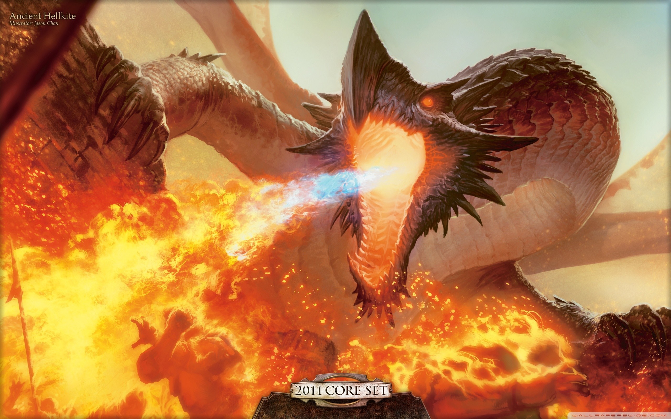 Ancient Hellkite dragon breathing fire from Magic The Gathering HD Wallpaper