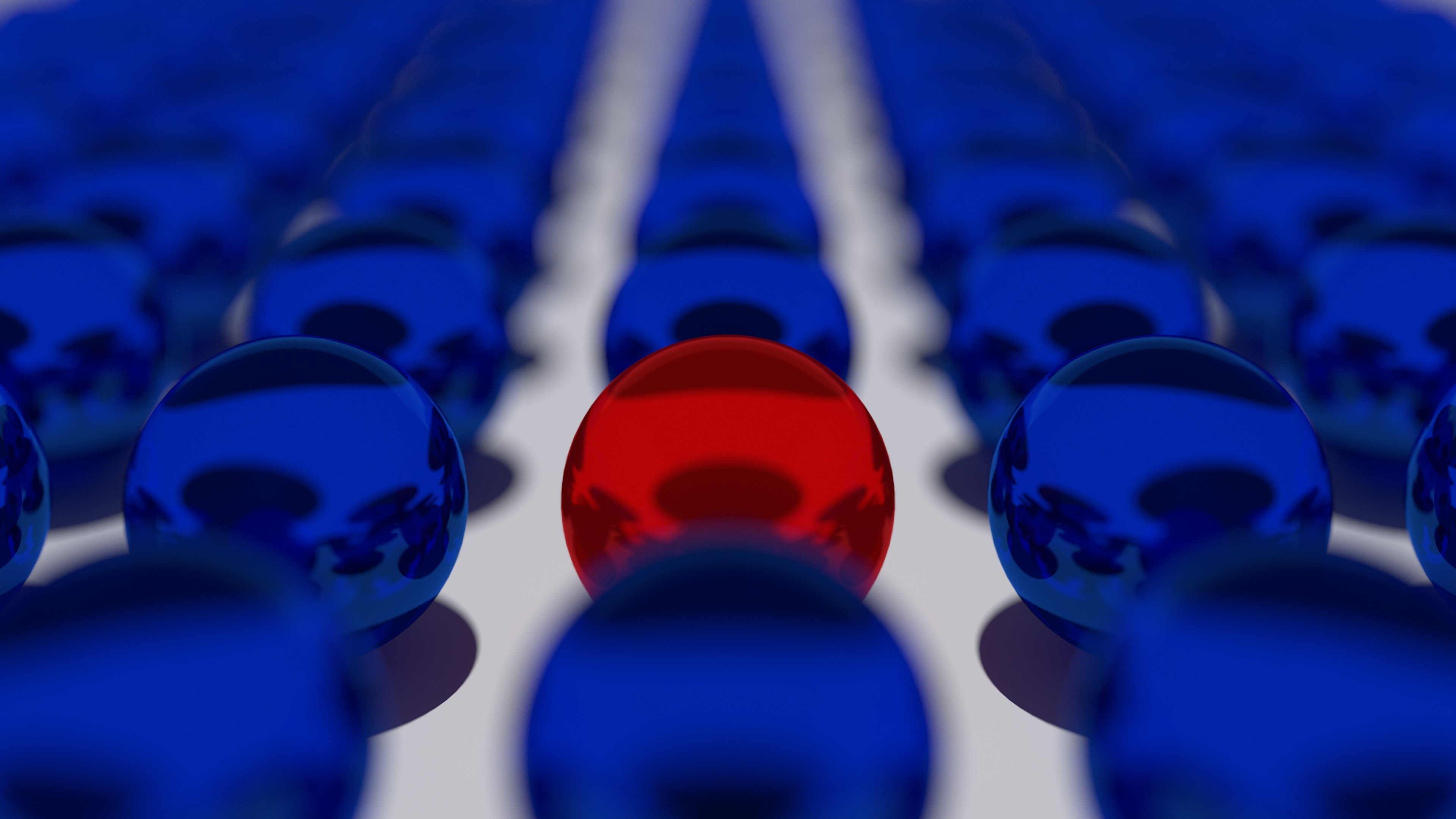 Red sphere among blue spheres, depth of field HD Wallpaper