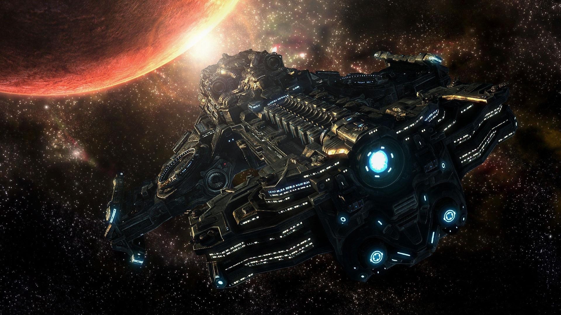 Starcraft II spaceship in front of a red planet and nebula HD Wallpaper