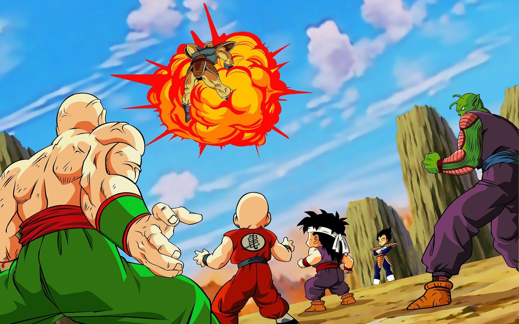 Dragon Ball Z: Nappa, Piccolo, Gohan, Krillin, and Vegeta in battle HD Wallpaper