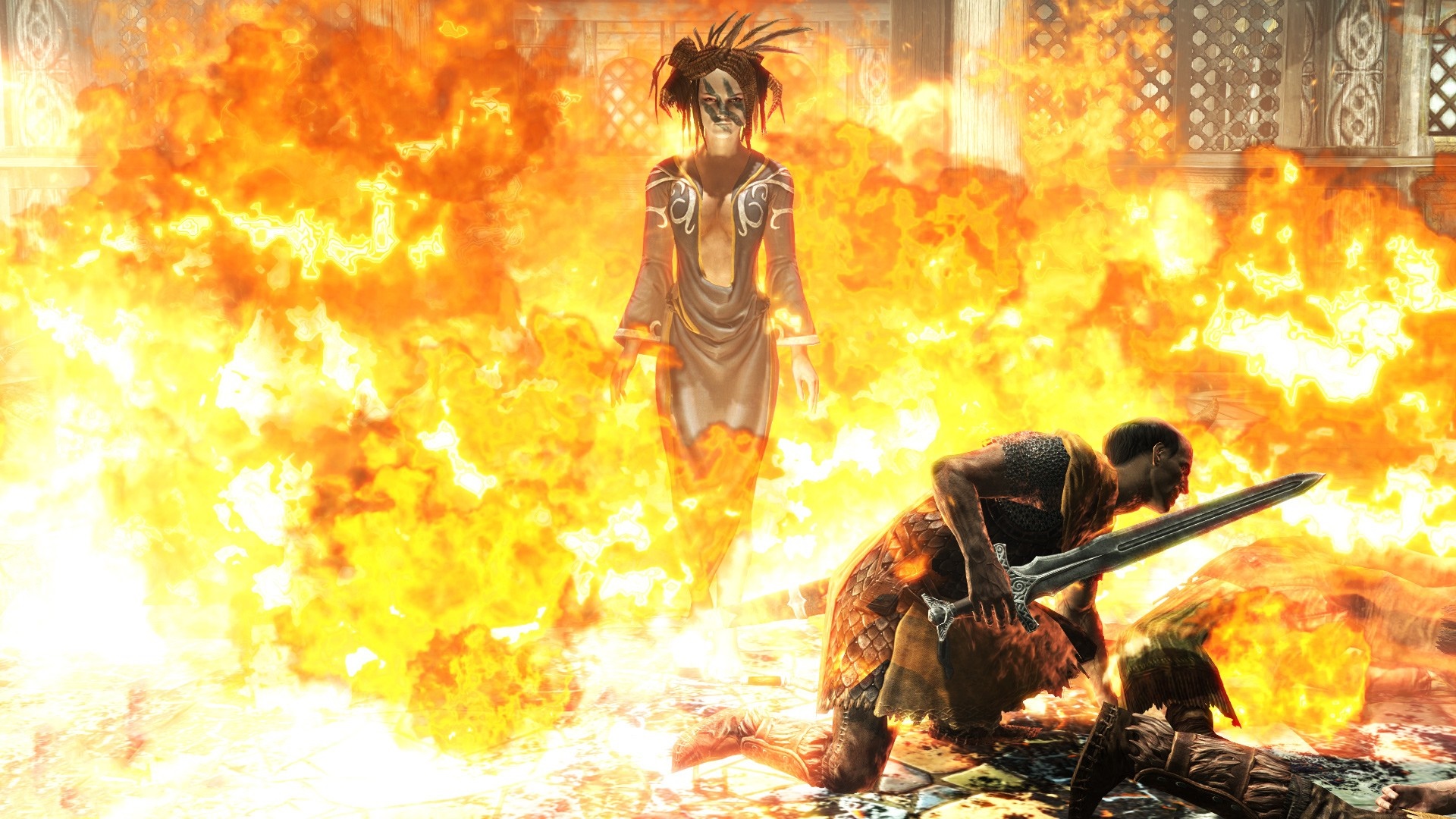 A woman engulfed in flames in The Elder Scrolls V Skyrim HD Wallpaper