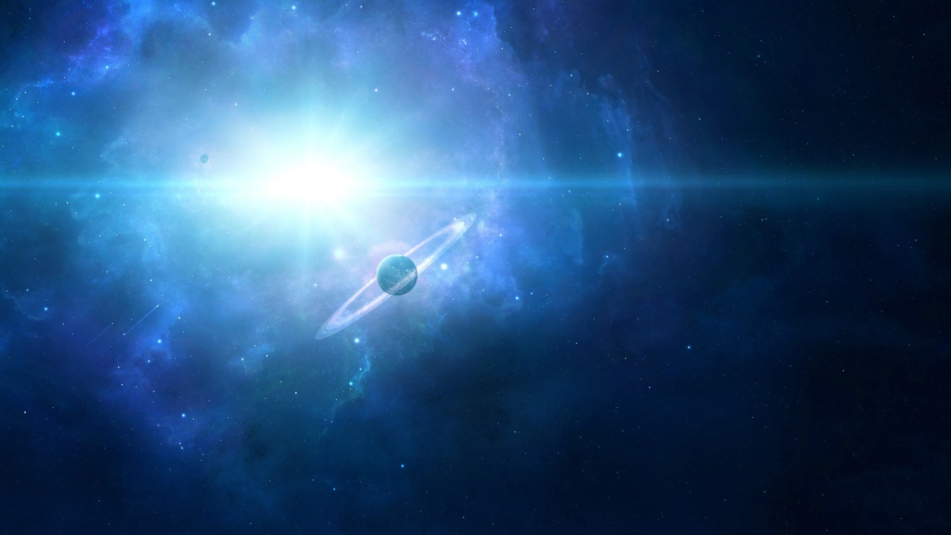 Planet with rings in a bright nebula HD Wallpaper