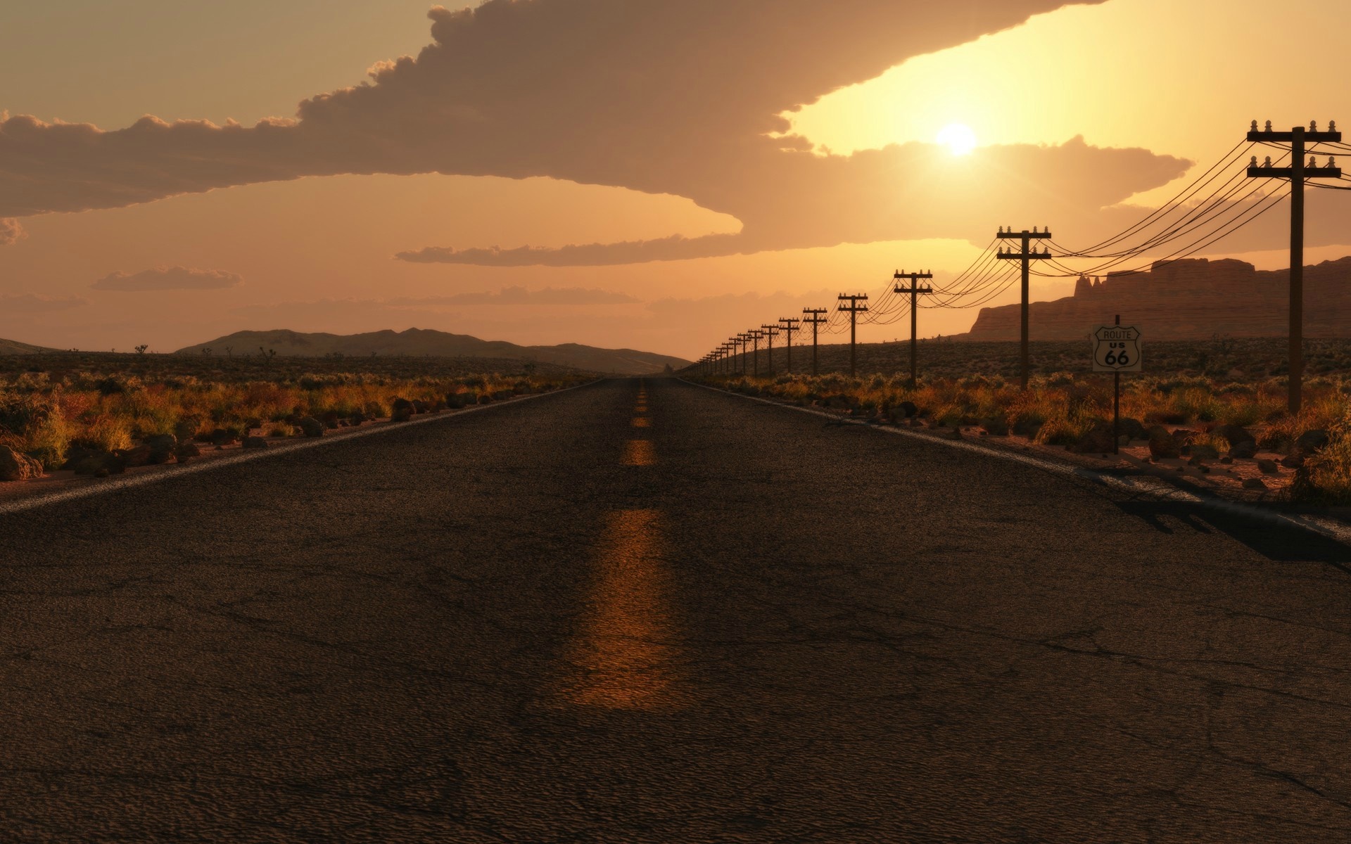 Desert highway at sunset with Route 66 sign HD Wallpaper