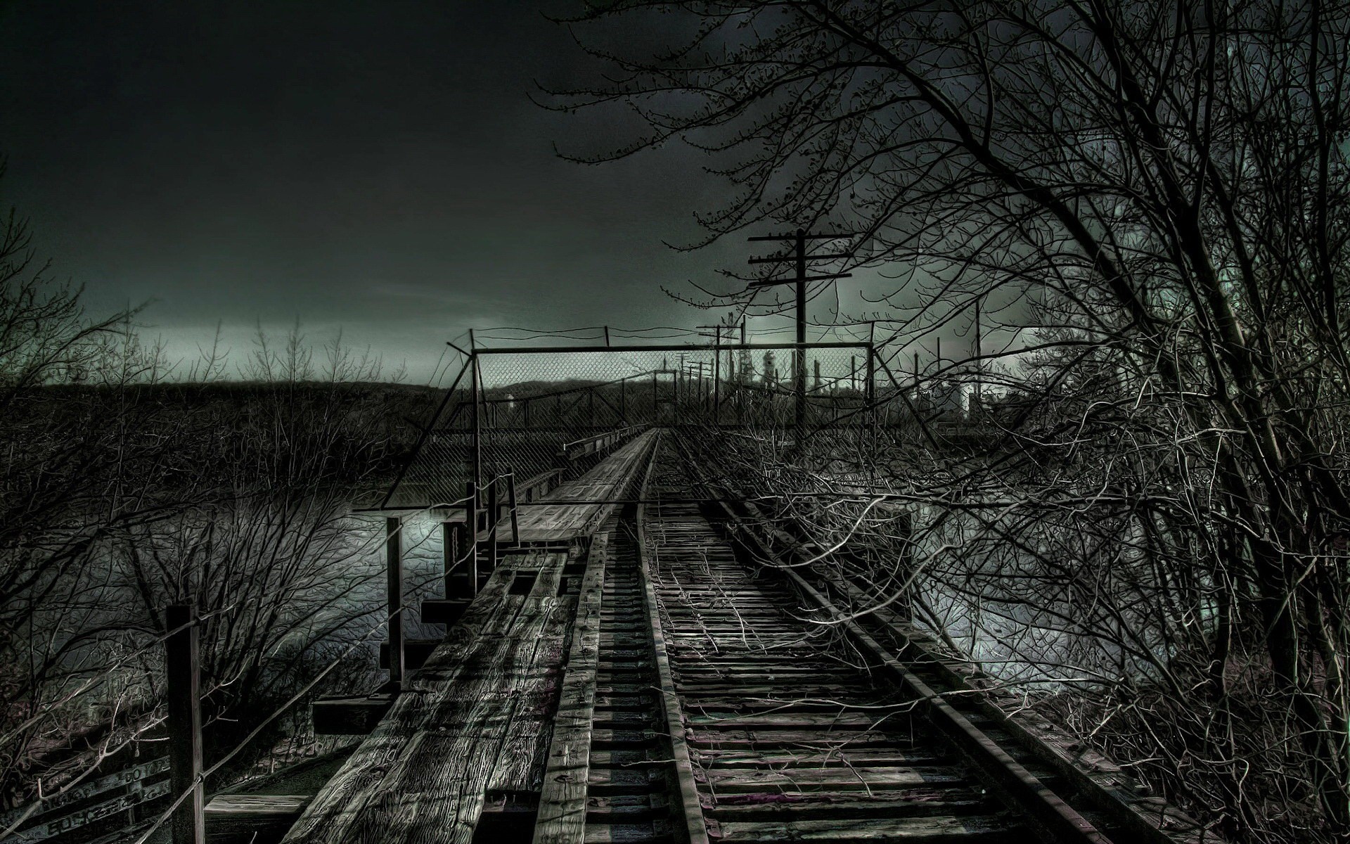 Abandoned railway bridge at night HD Wallpaper
