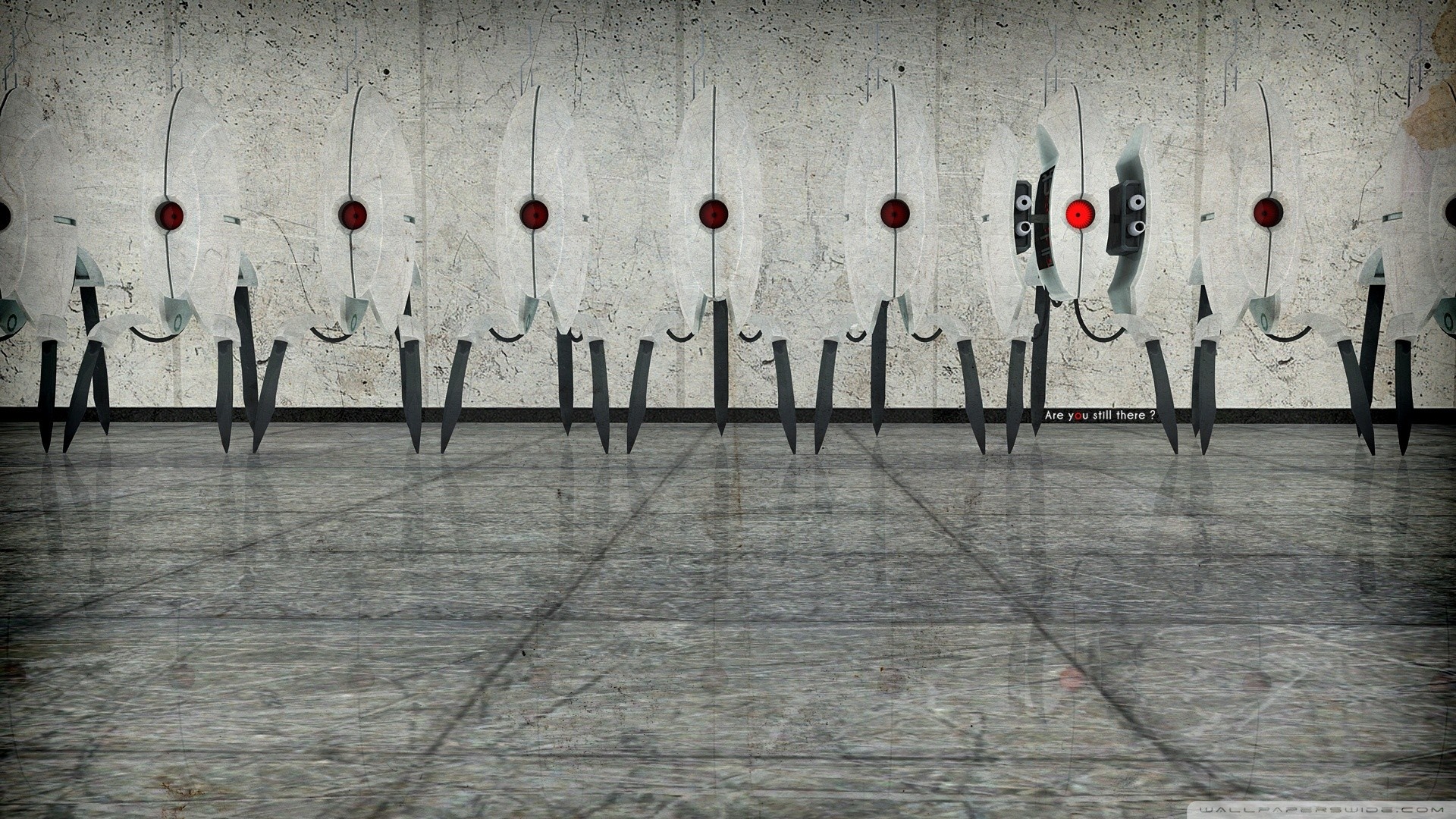 Turrets from Portal game on a concrete wall HD Wallpaper