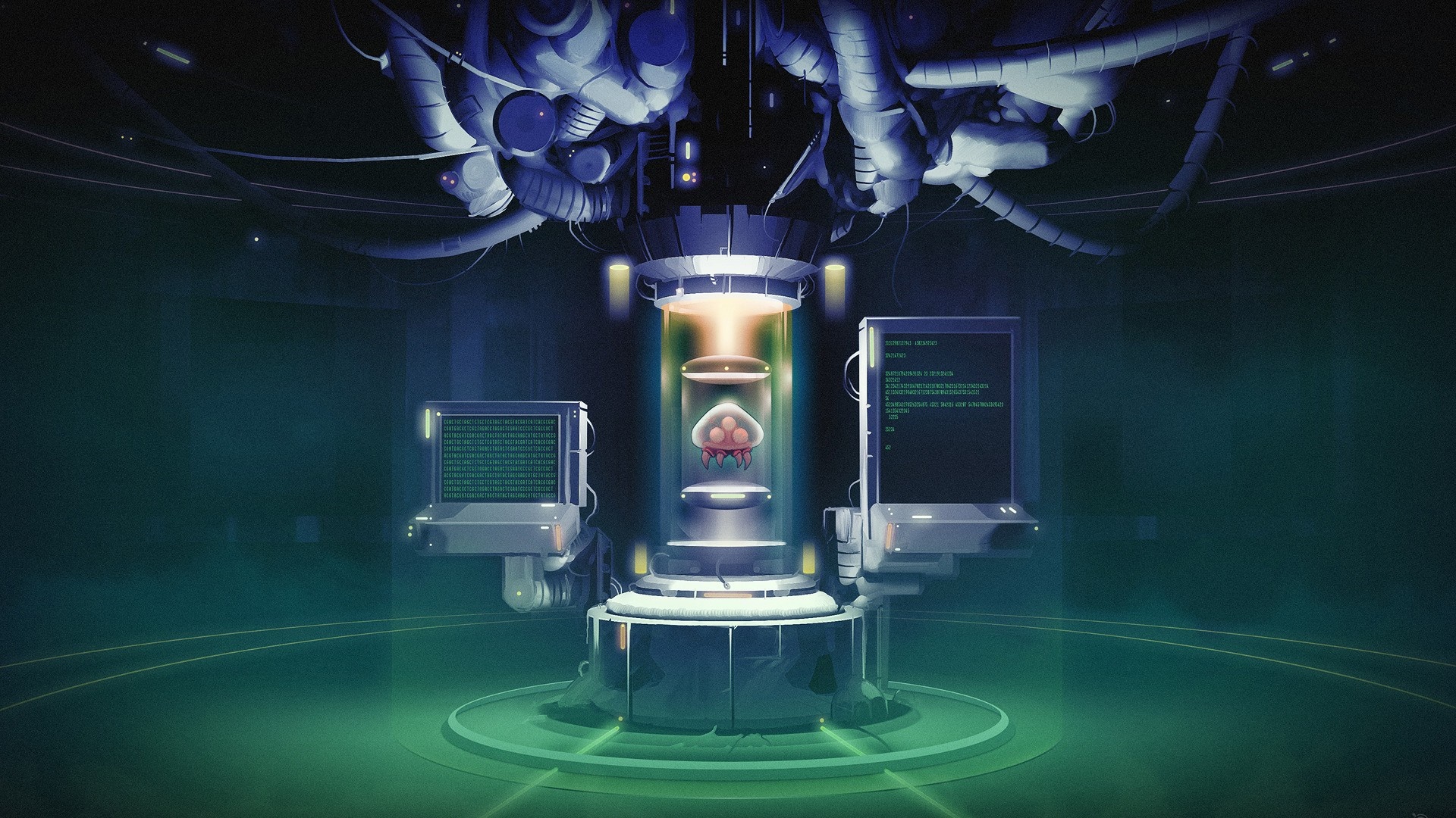 Metroid creature in a futuristic laboratory HD Wallpaper
