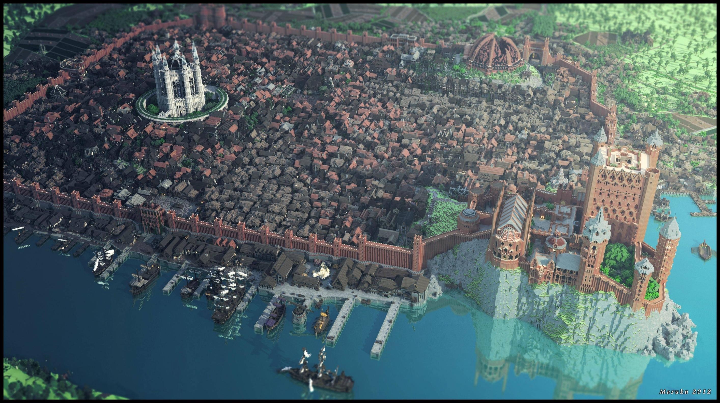 Minecraft WesterosCraft City with Castle and Harbor HD Wallpaper