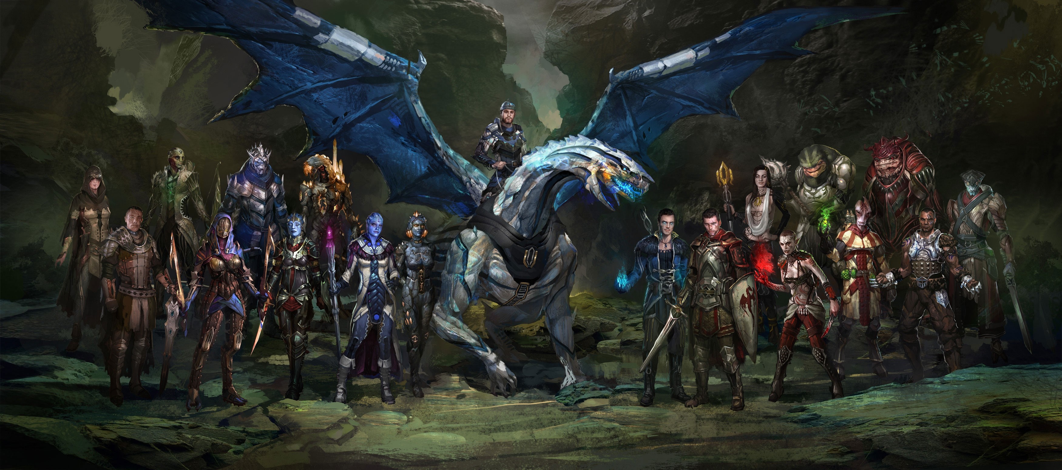 Group of characters with a dragon in a jungle setting HD Wallpaper