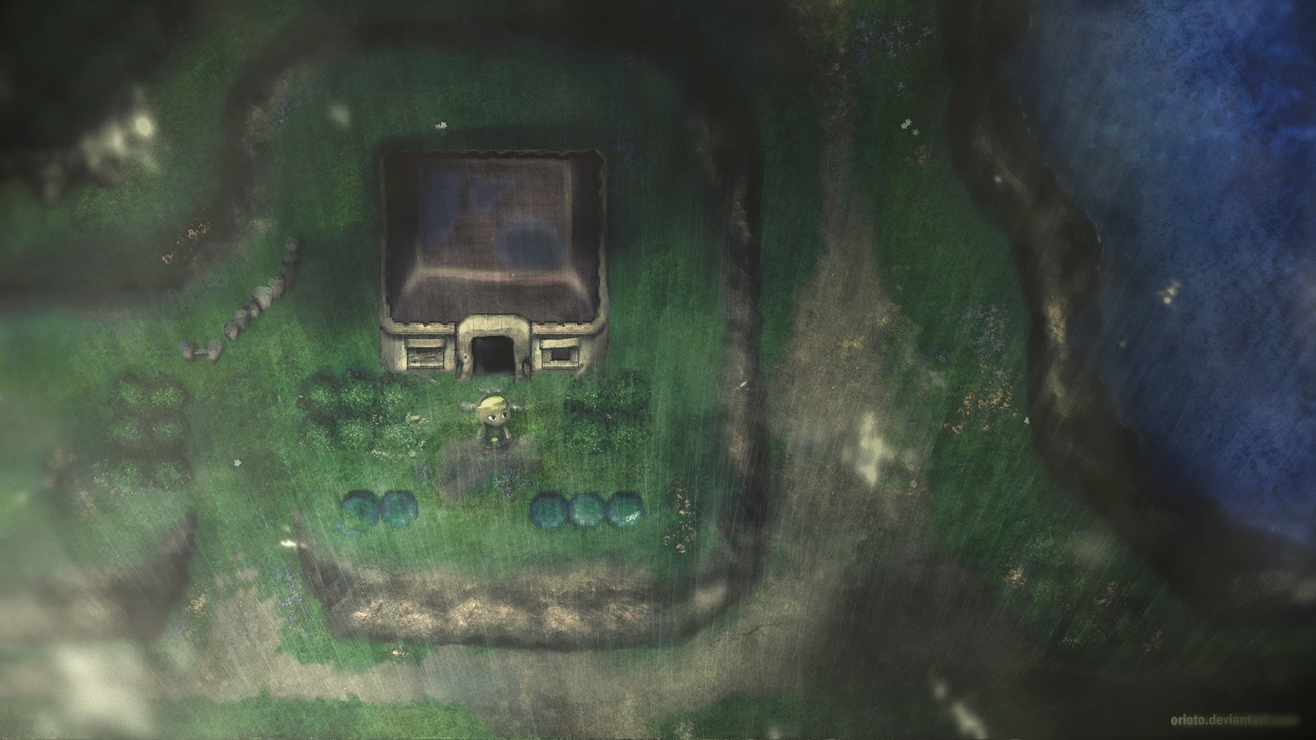 Link from The Legend of Zelda in a rainy village HD Wallpaper