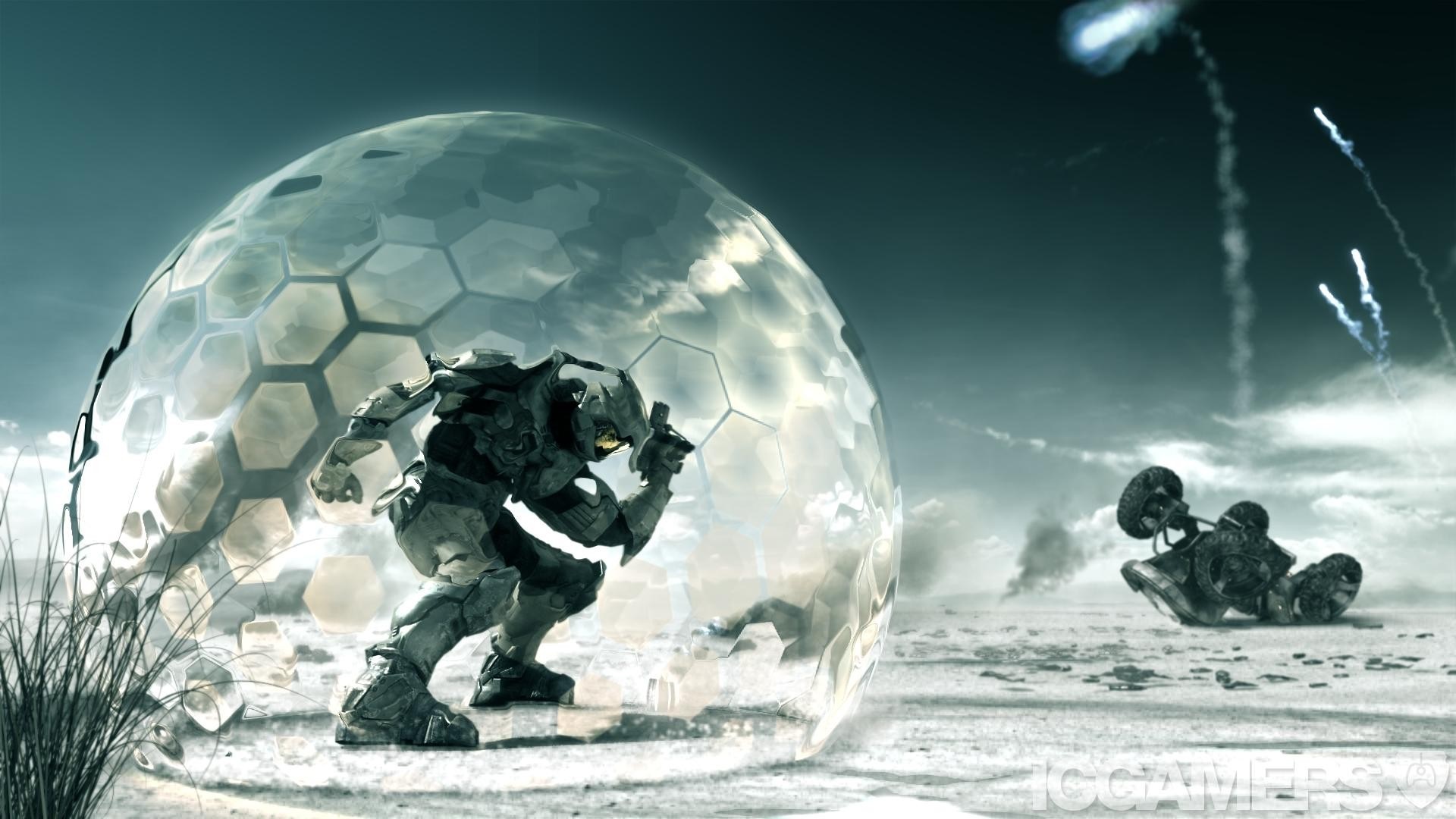 Halo character inside a hexagonal energy shield HD Wallpaper