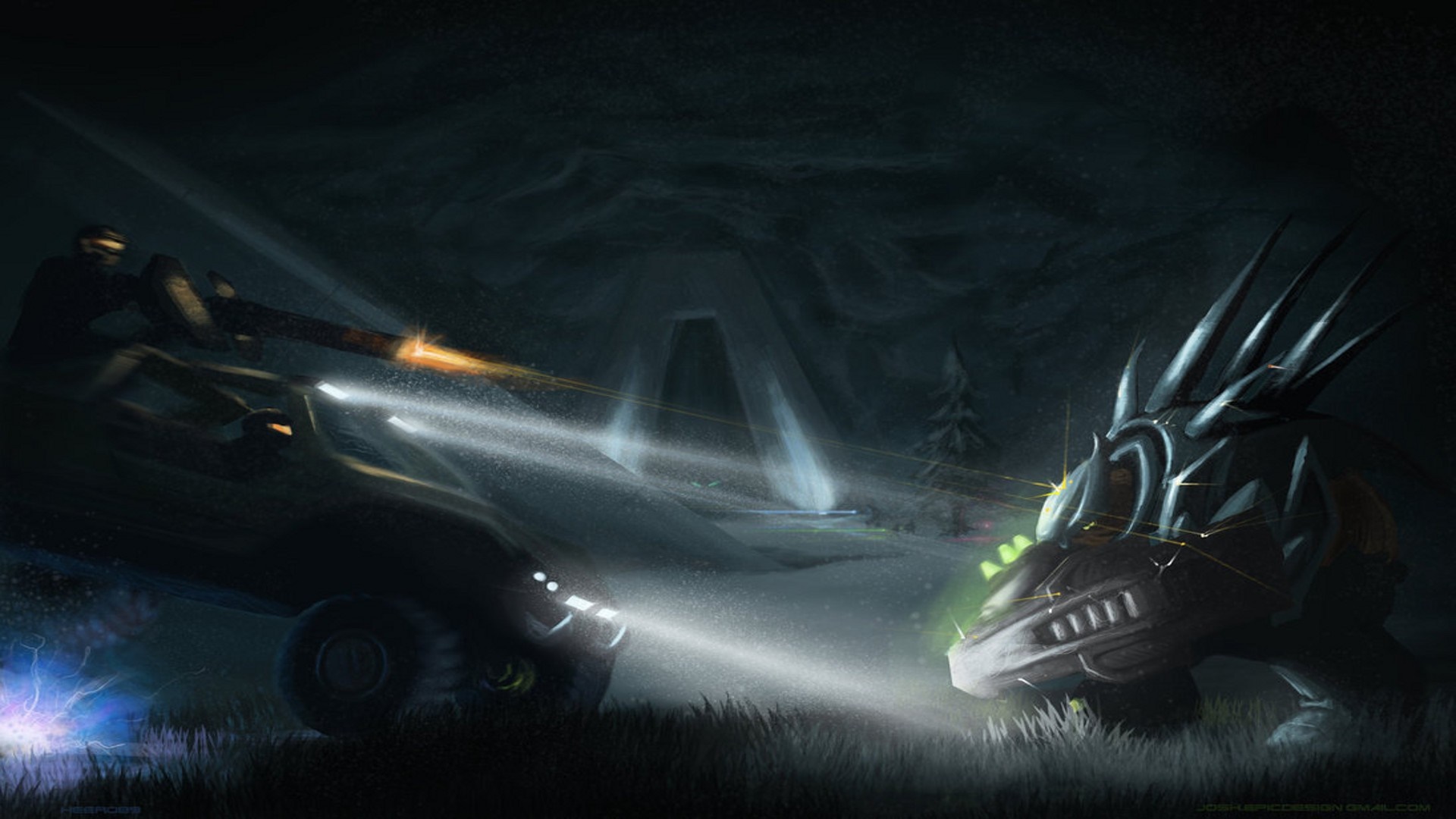 Halo Warthog firing at alien creature at night HD Wallpaper