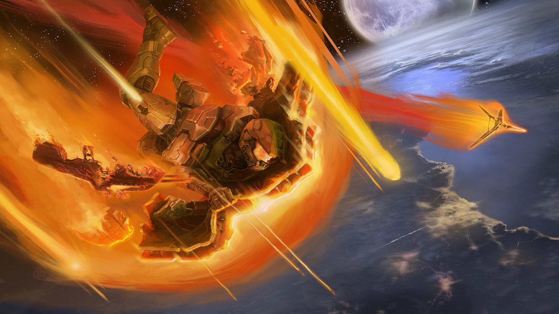 Master Chief falling through Earth's atmosphere HD Wallpaper