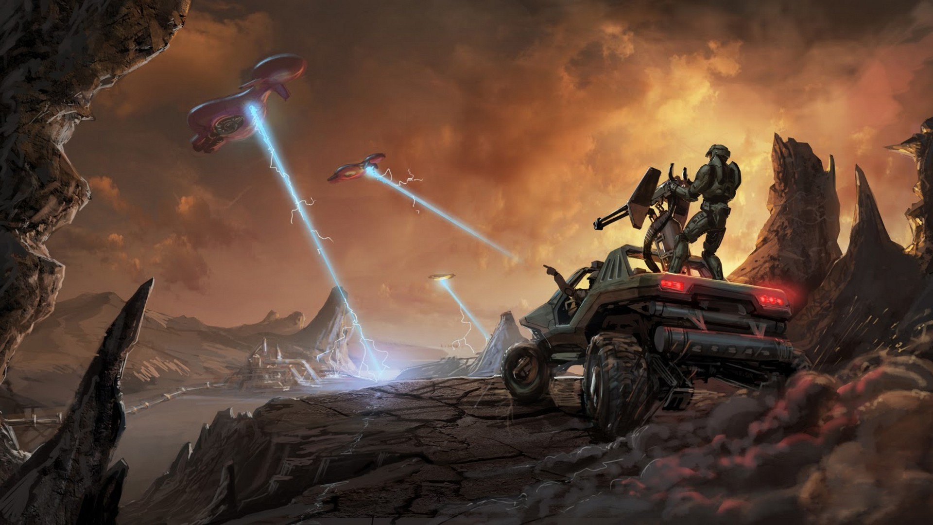 Master Chief in a Warthog under alien sky with Covenant ships HD Wallpaper