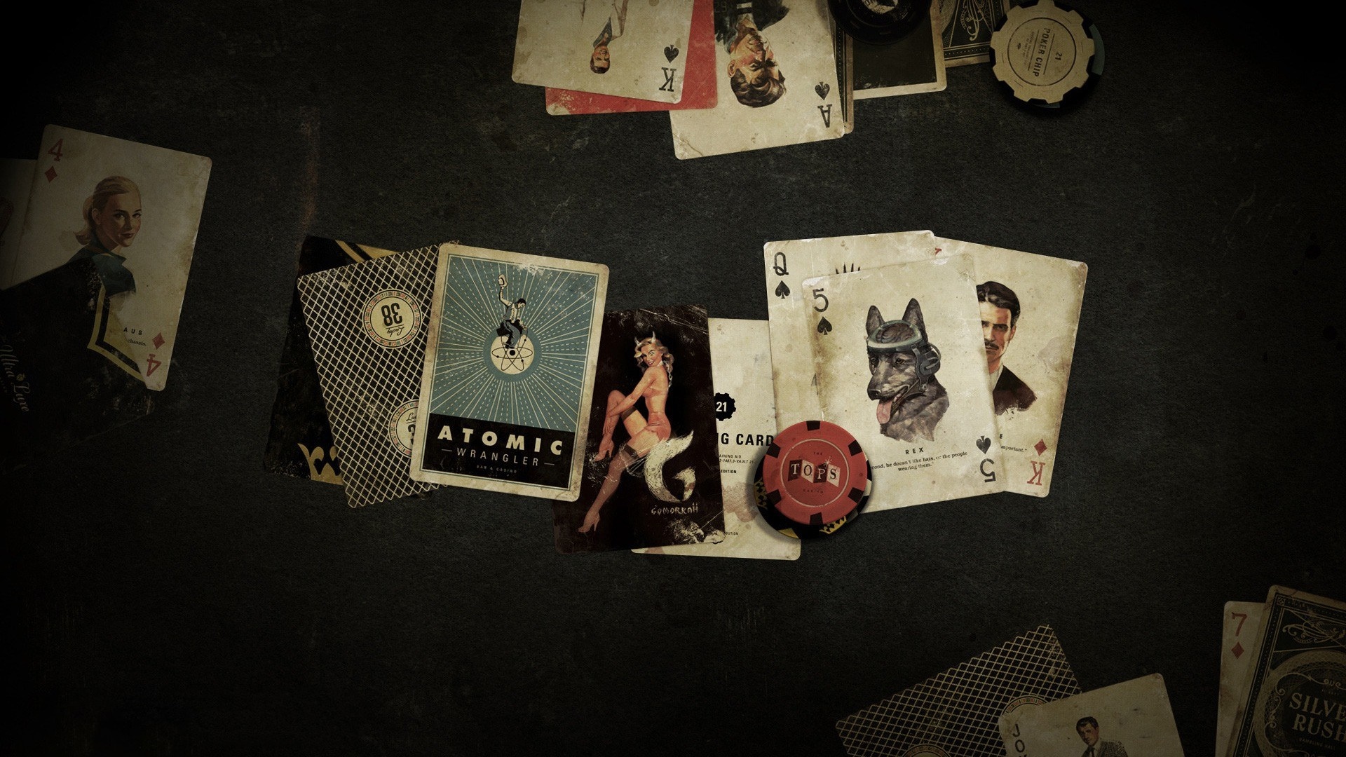 Playing cards and poker chips on a dark surface HD Wallpaper