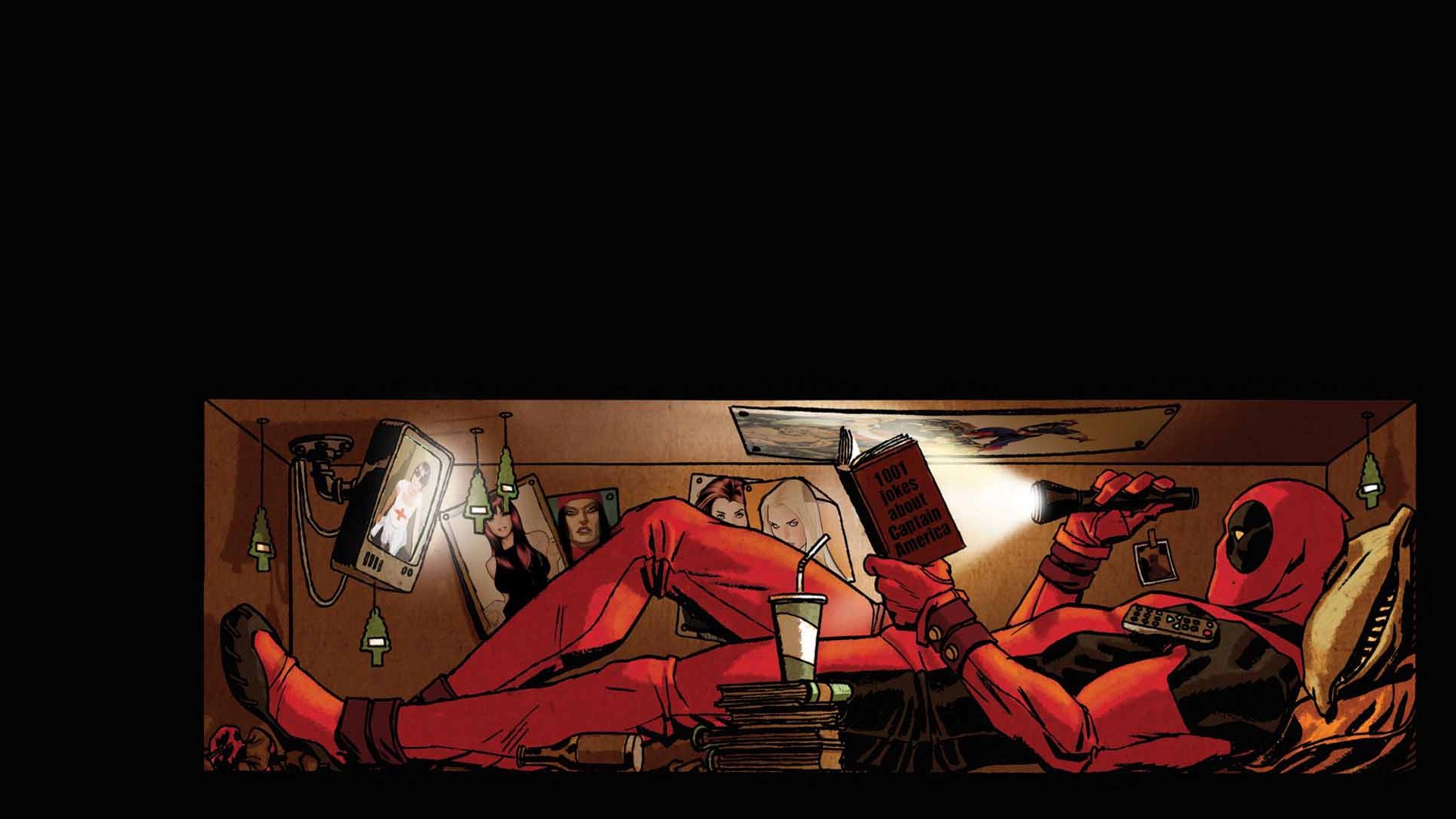 Deadpool reading a book in a box HD Wallpaper
