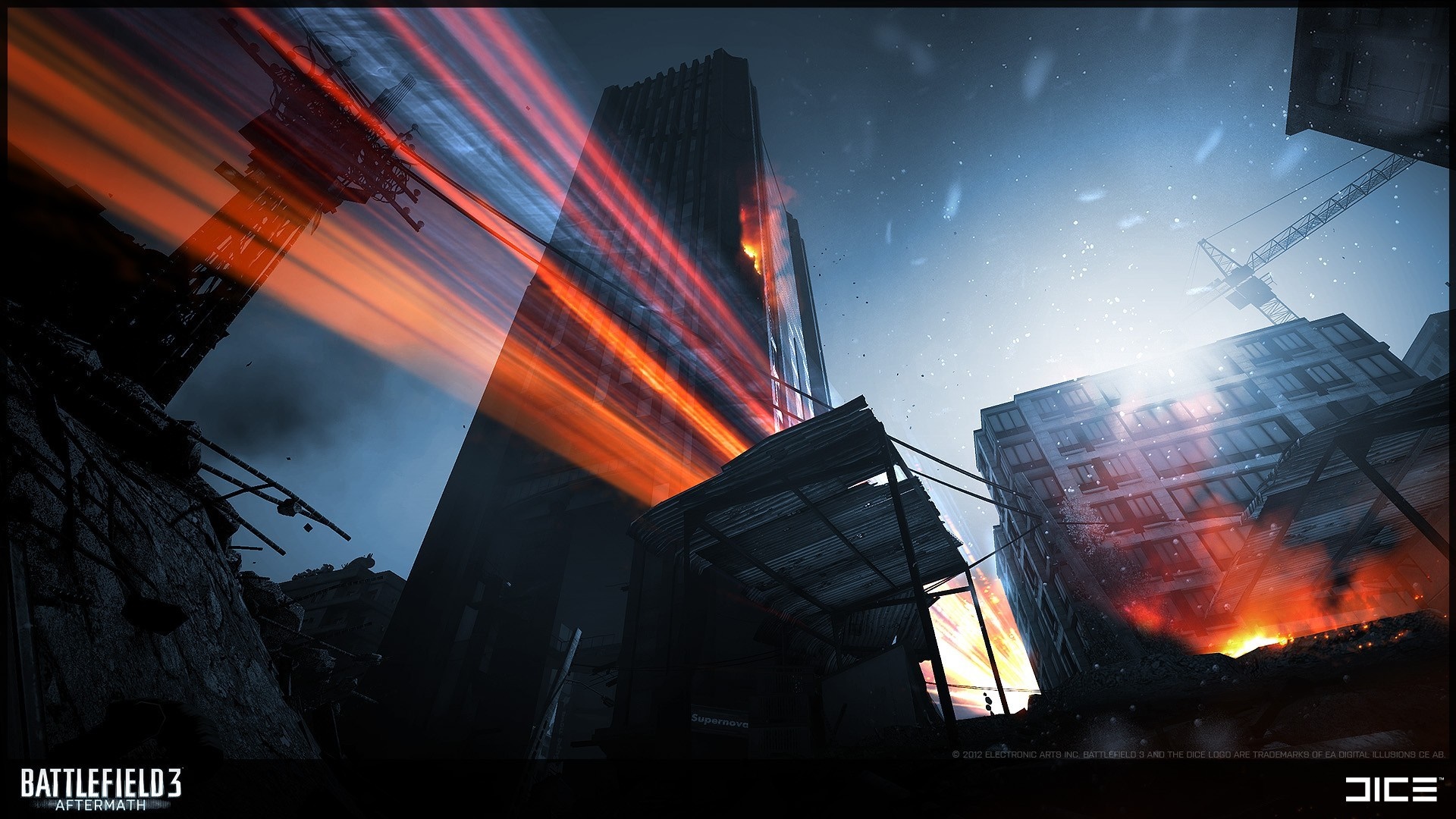 Battlefield 3 Aftermath: Cityscape with Light Streaks and Fire HD Wallpaper