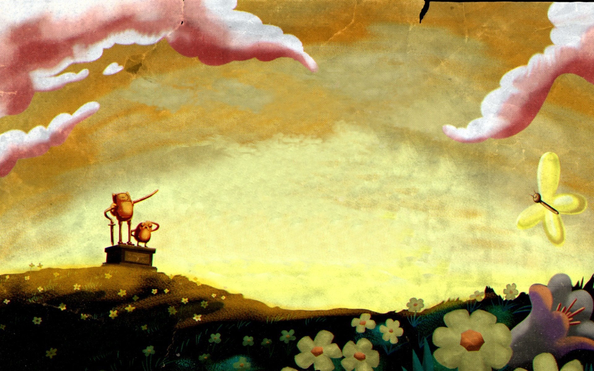 Two characters and a butterfly in a surreal landscape HD Wallpaper