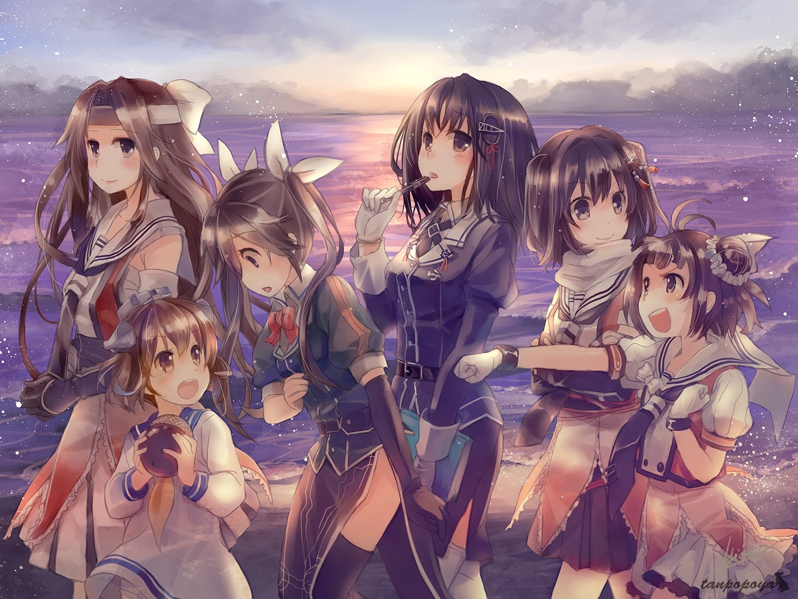 Kantai Collection characters at sunset beach HD Wallpaper