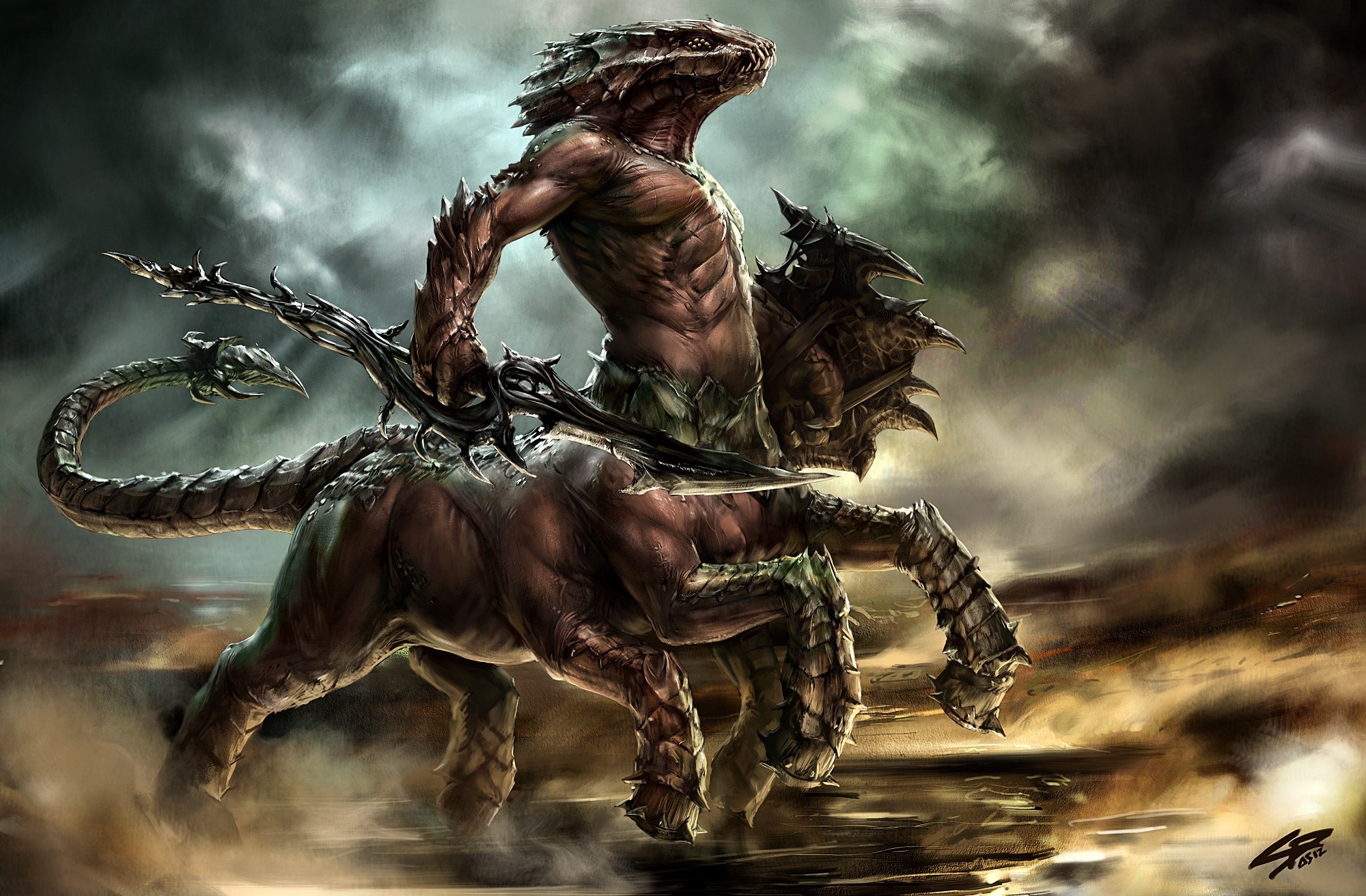 Centaur creature with dragon-like features and sword HD Wallpaper