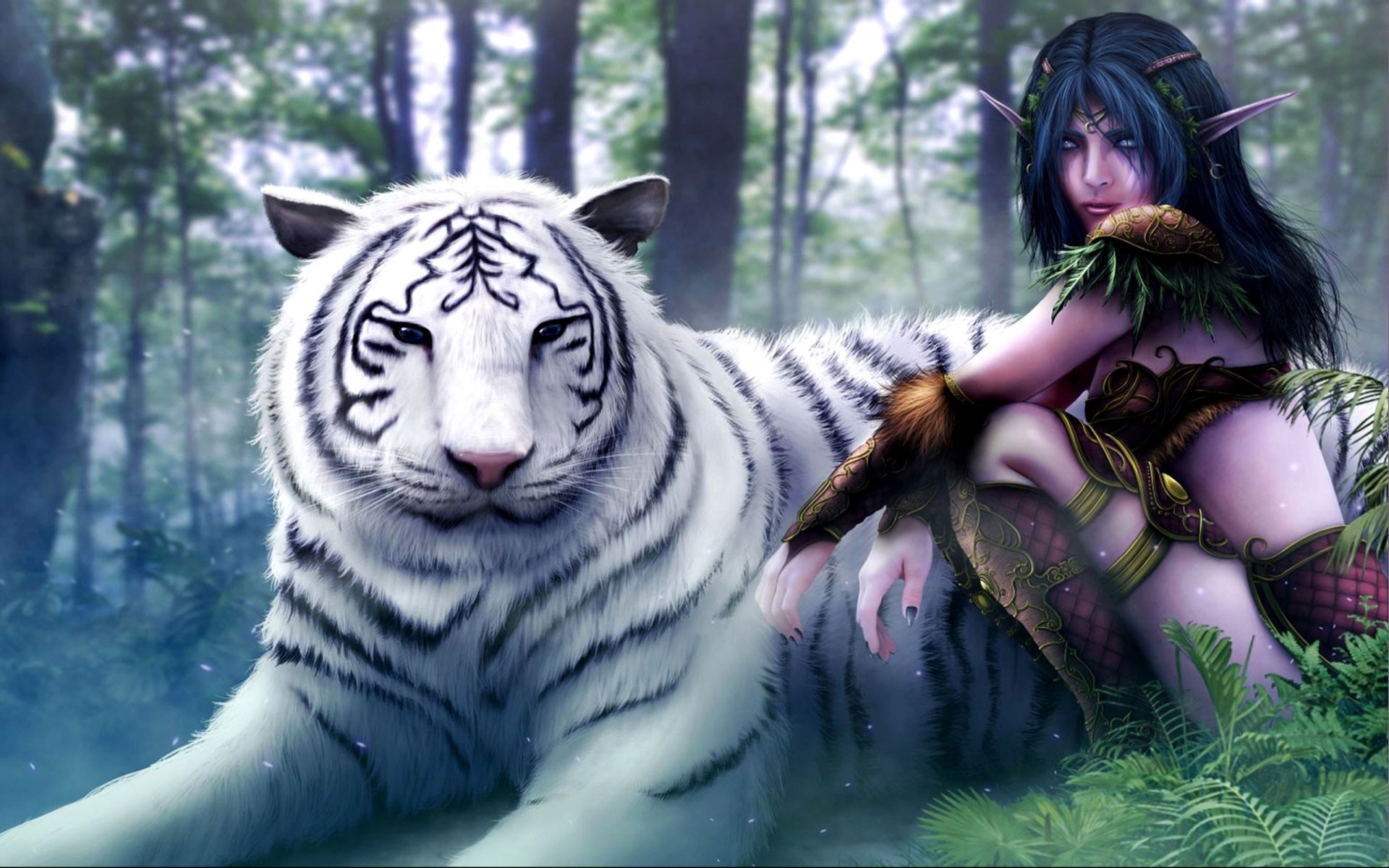 Night Elf and White Tiger in a Forest HD Wallpaper