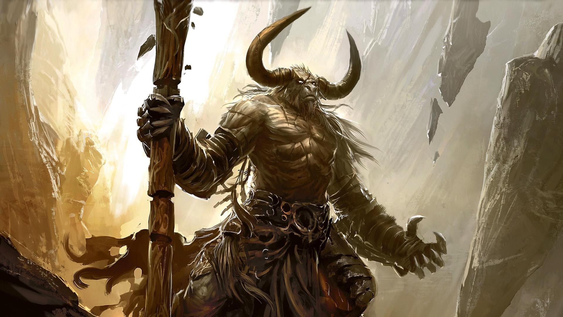Fantasy art of a minotaur holding a wooden staff HD Wallpaper