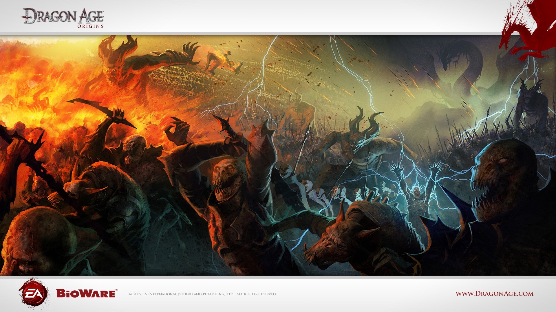 Dragon Age Origins artwork with demons and lightning HD Wallpaper