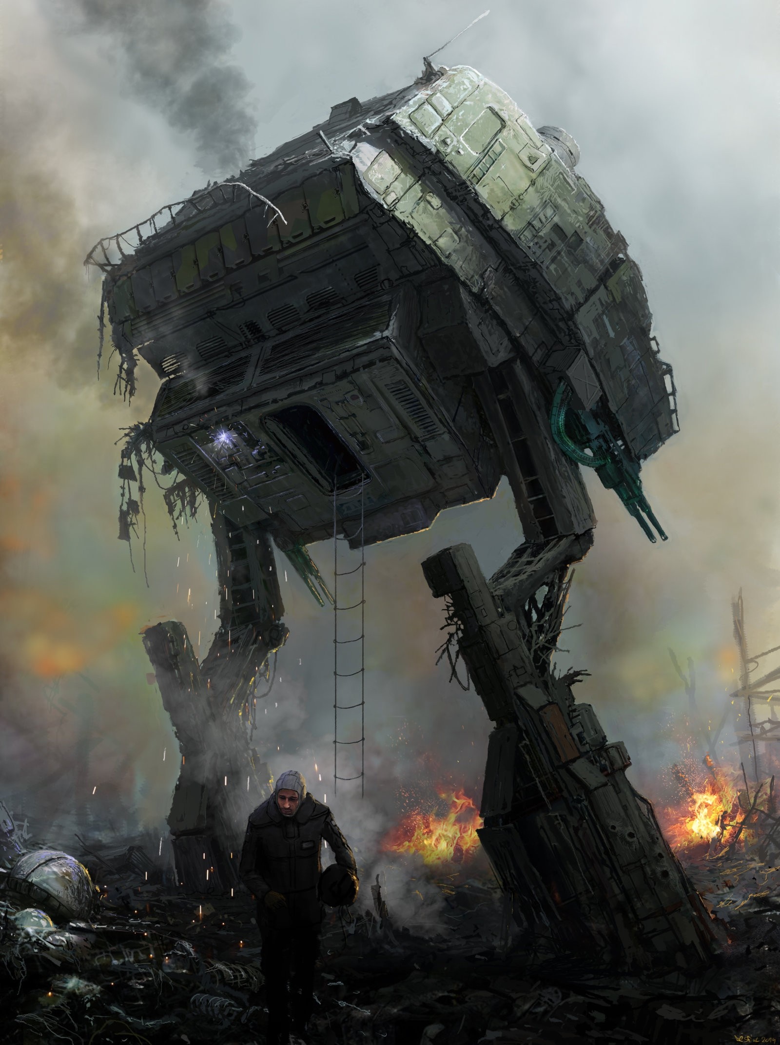 Destroyed mech in a post-apocalyptic landscape HD Wallpaper
