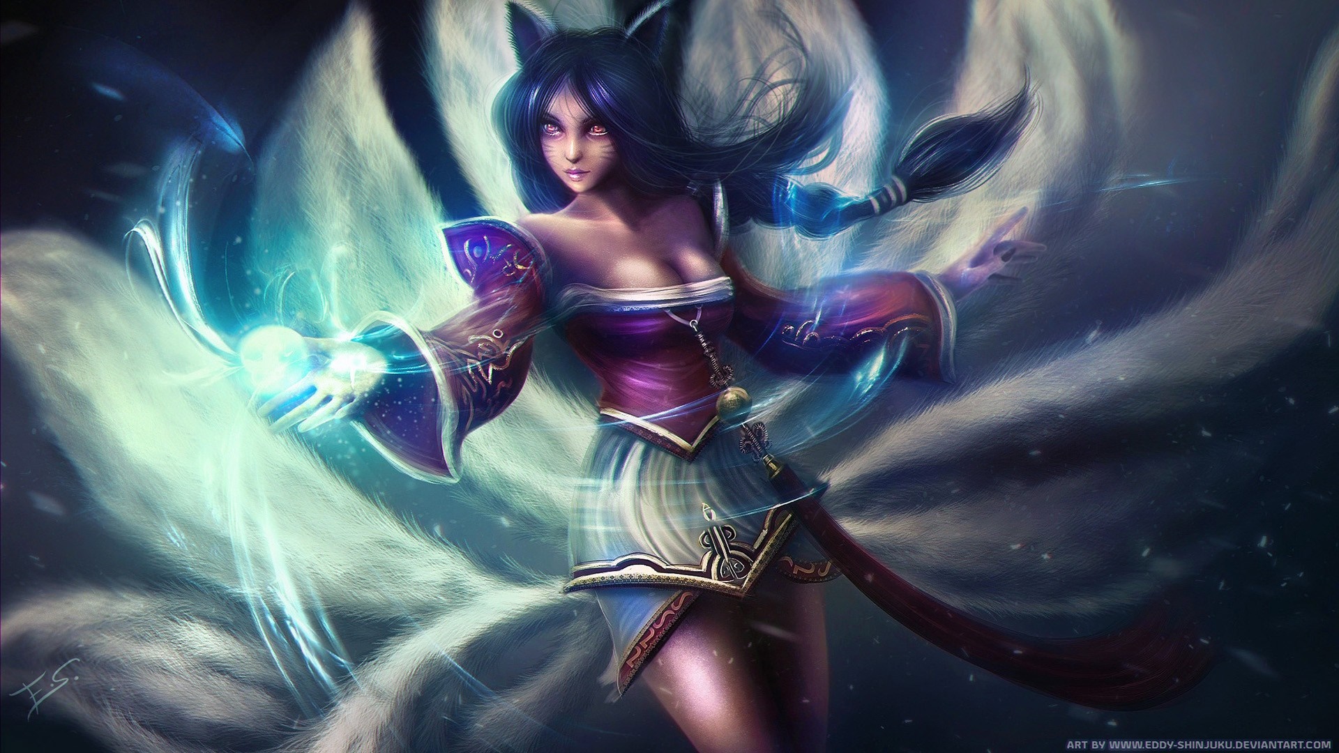Ahri from League of Legends casting a spell HD Wallpaper