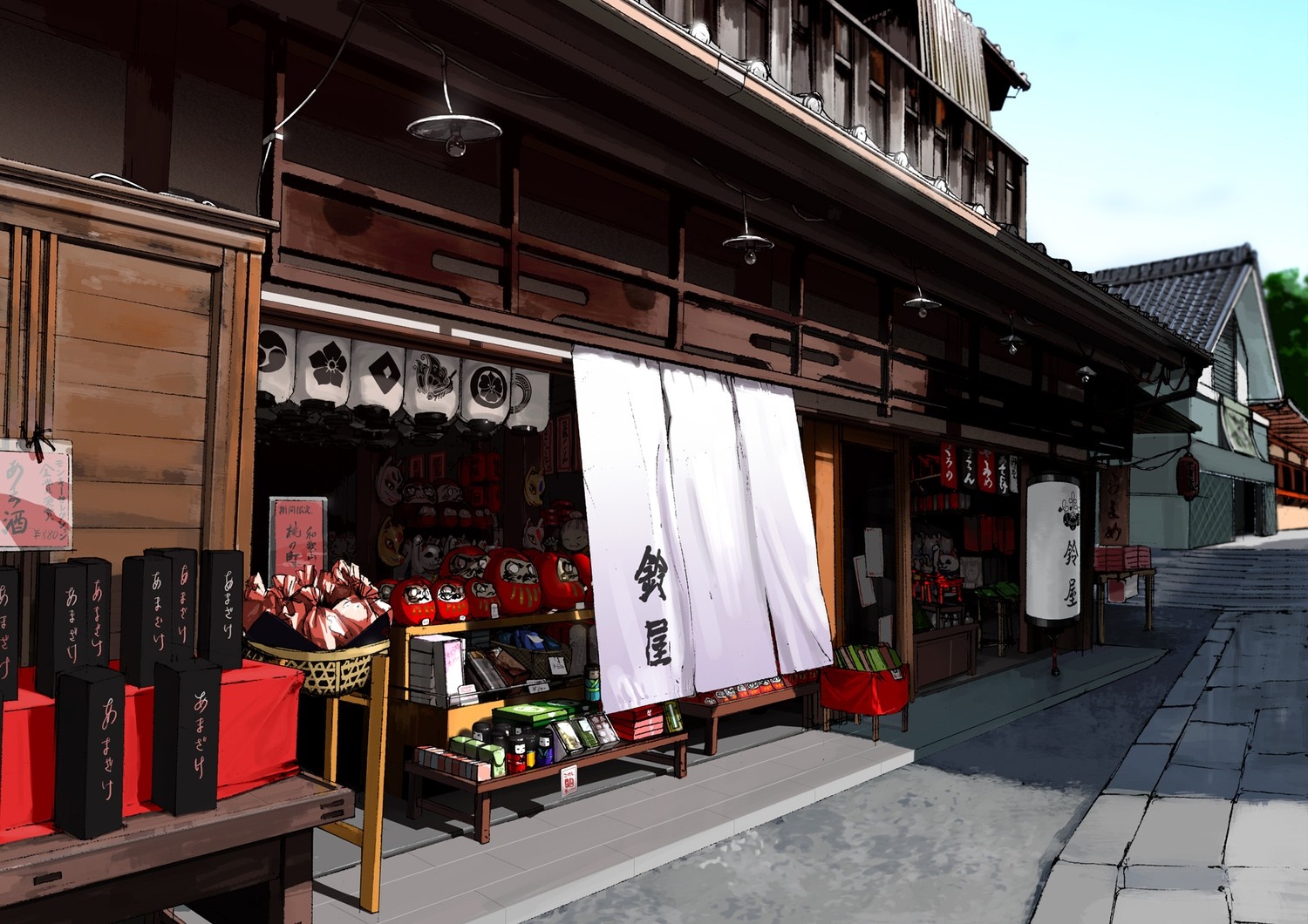 Japanese street with traditional shops and lanterns HD Wallpaper