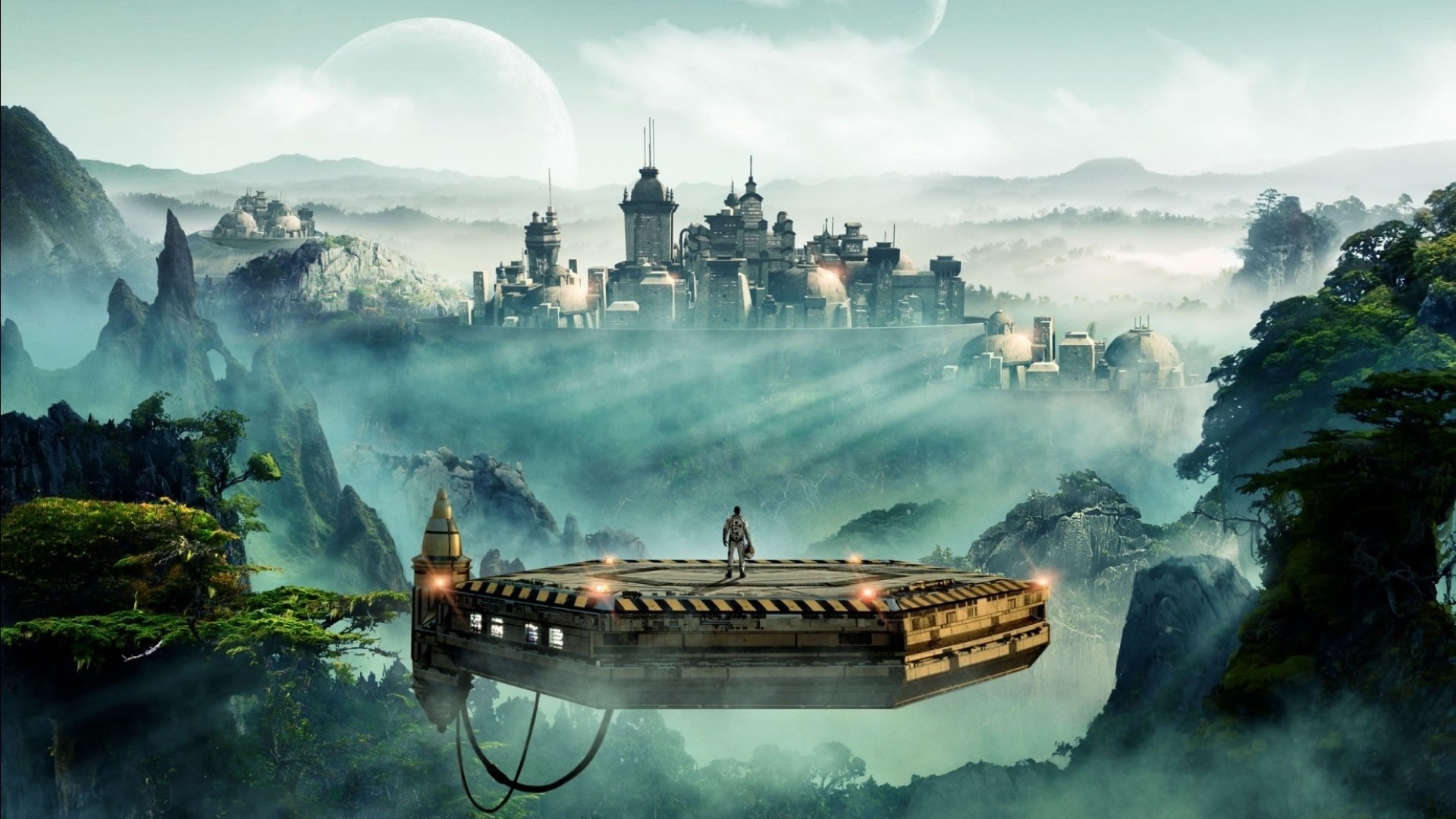 Futuristic city on a misty mountain range with a floating platform HD Wallpaper