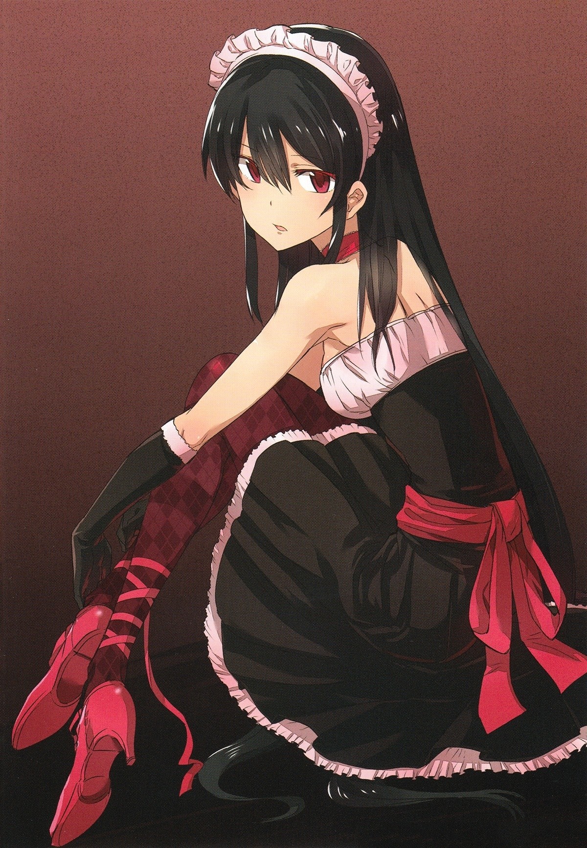 Akame in Black Maid Outfit Sitting Thoughtfully HD Wallpaper