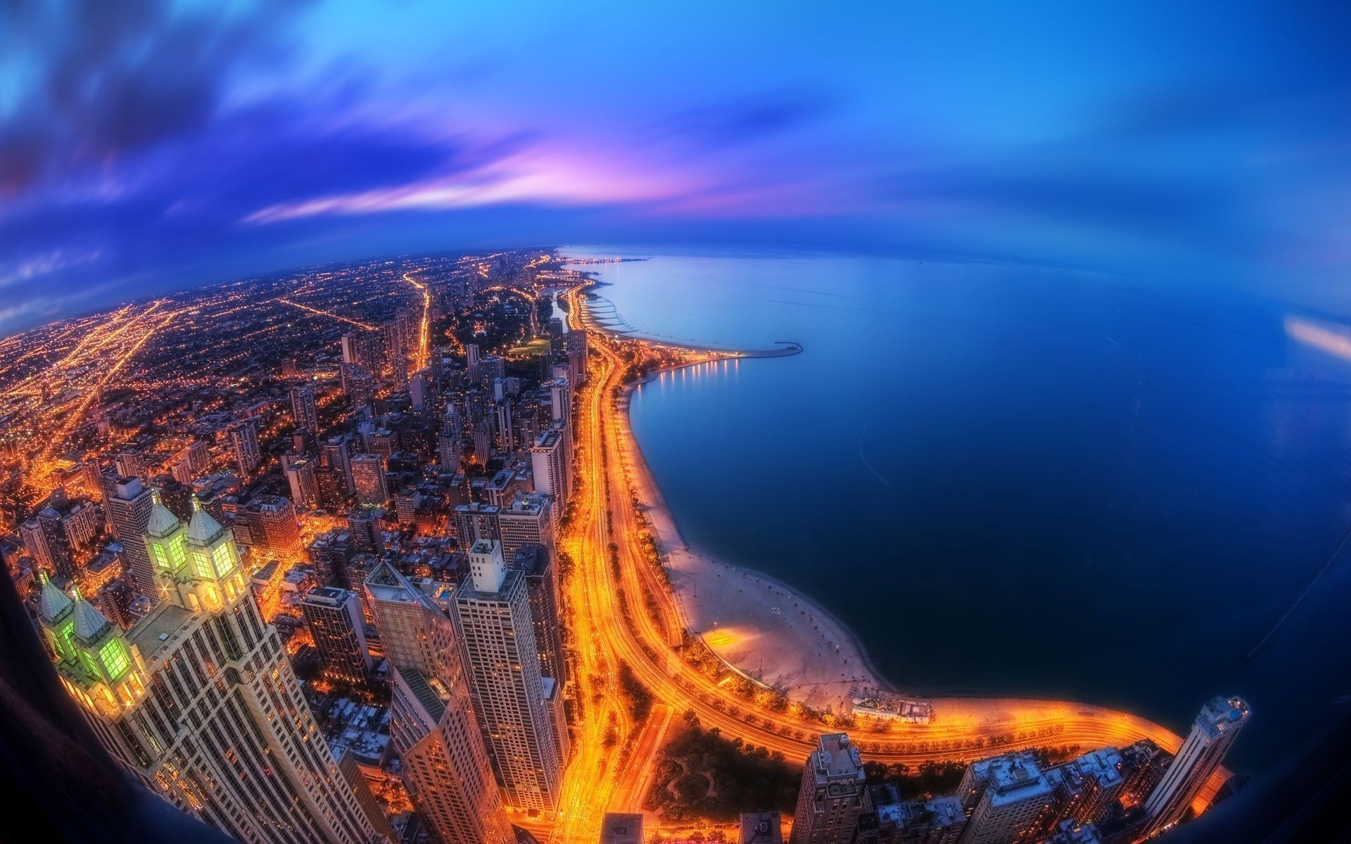Chicago cityscape at dusk with Lake Michigan HD Wallpaper
