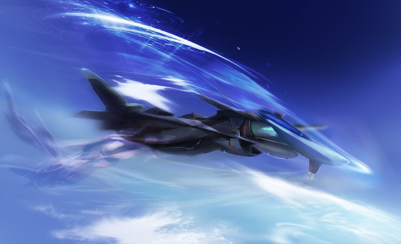 Futuristic jet fighter flying through blue atmosphere HD Wallpaper