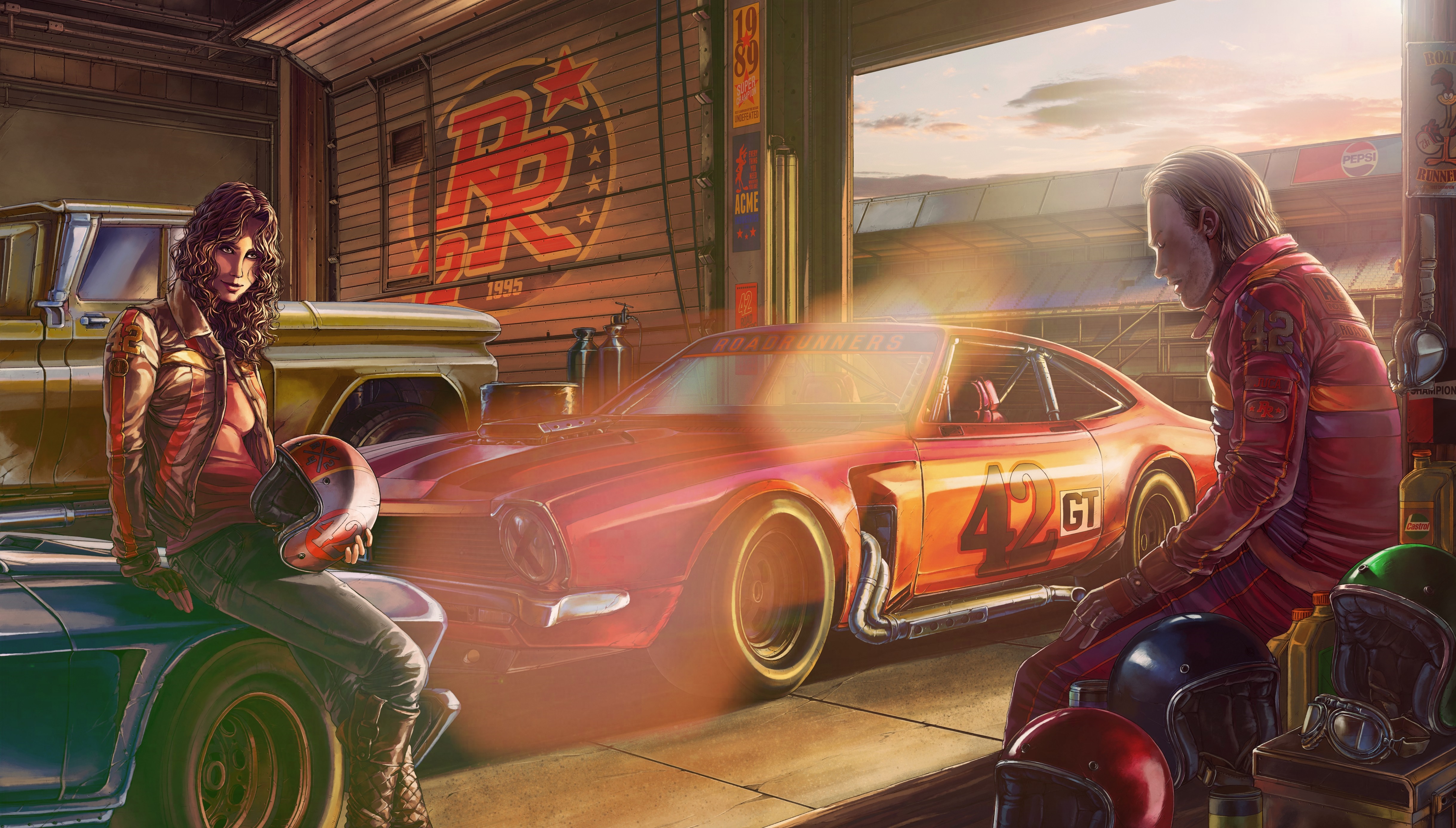 Racing garage with a woman and a man HD Wallpaper