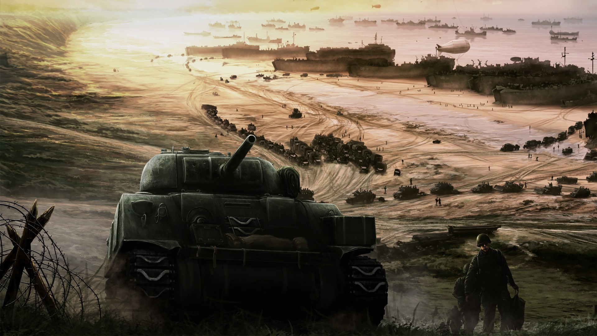 Military landing on a beach with tanks and ships HD Wallpaper