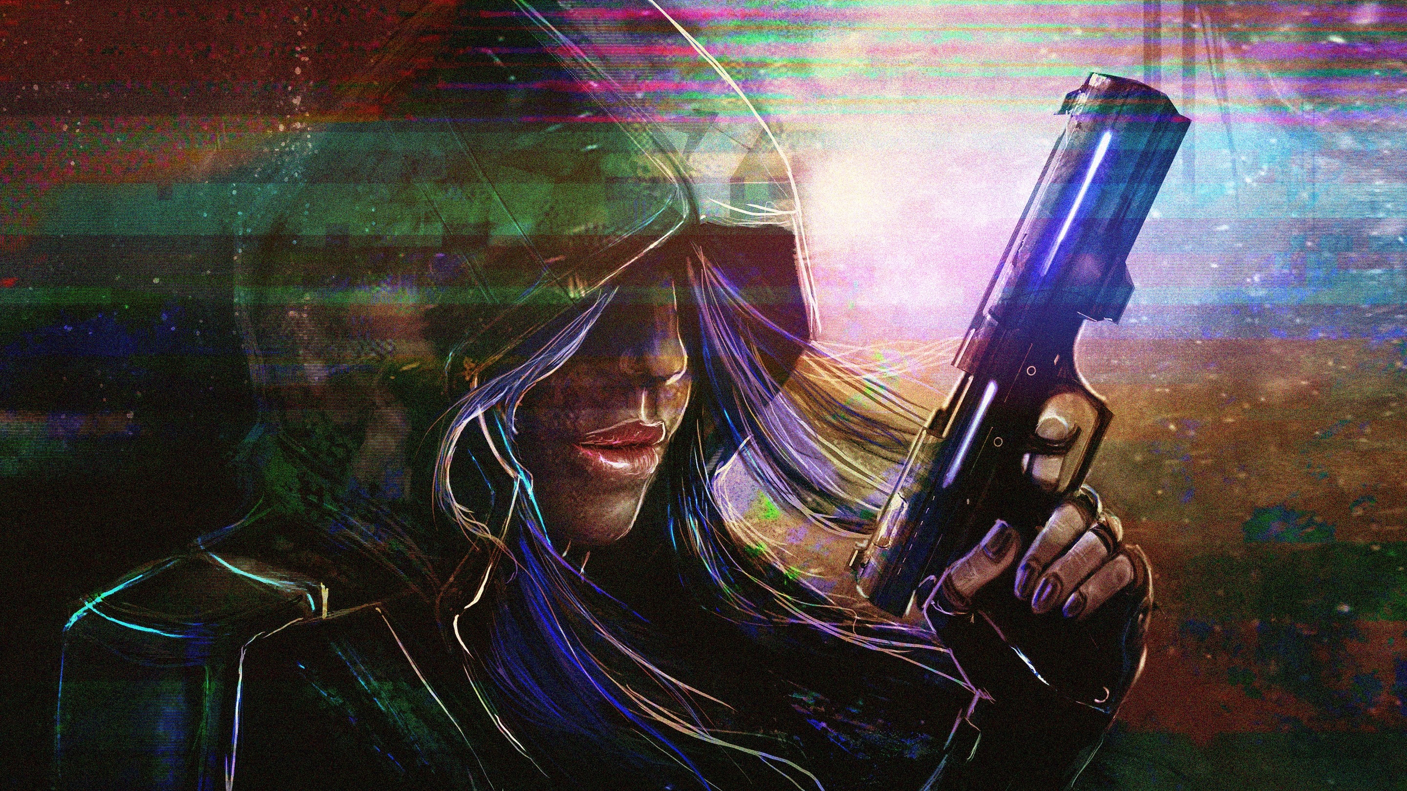 Anime girl with pistol and colorful glitch effects HD Wallpaper