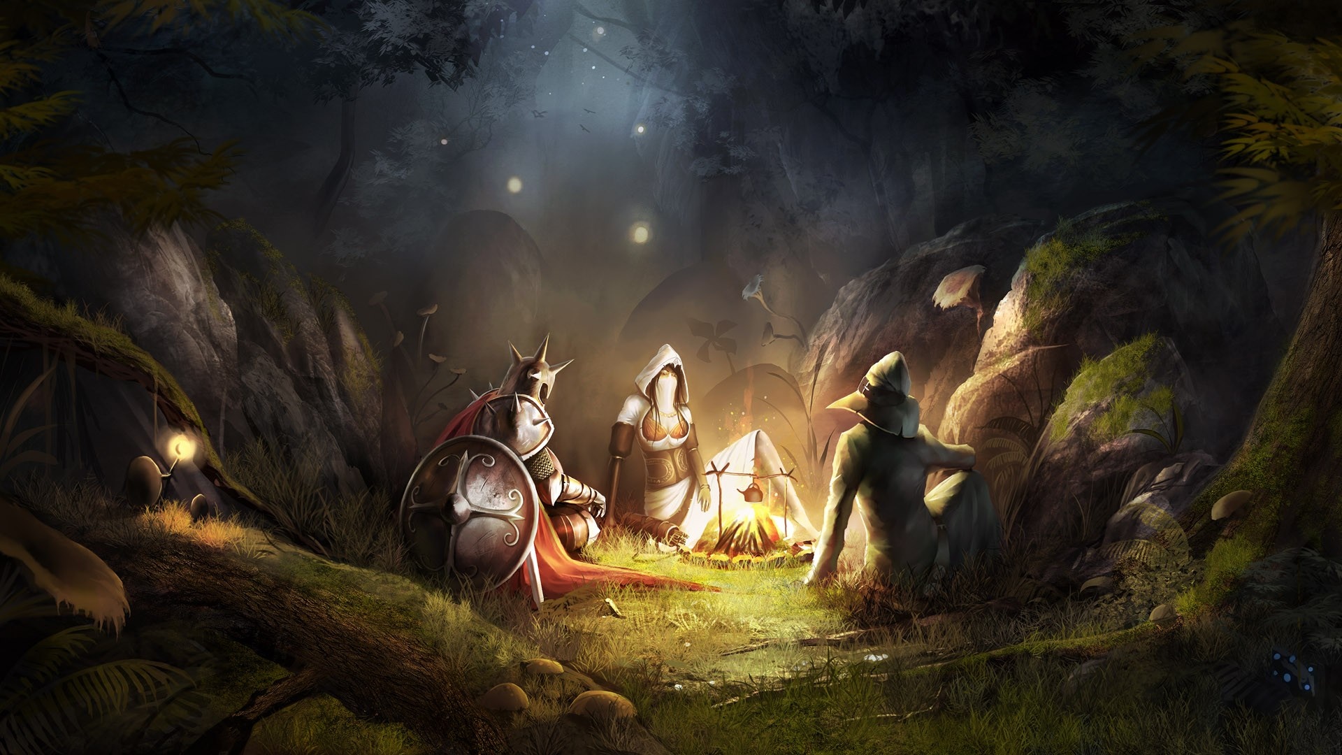 Fantasy art of adventurers camping in a dark forest HD Wallpaper