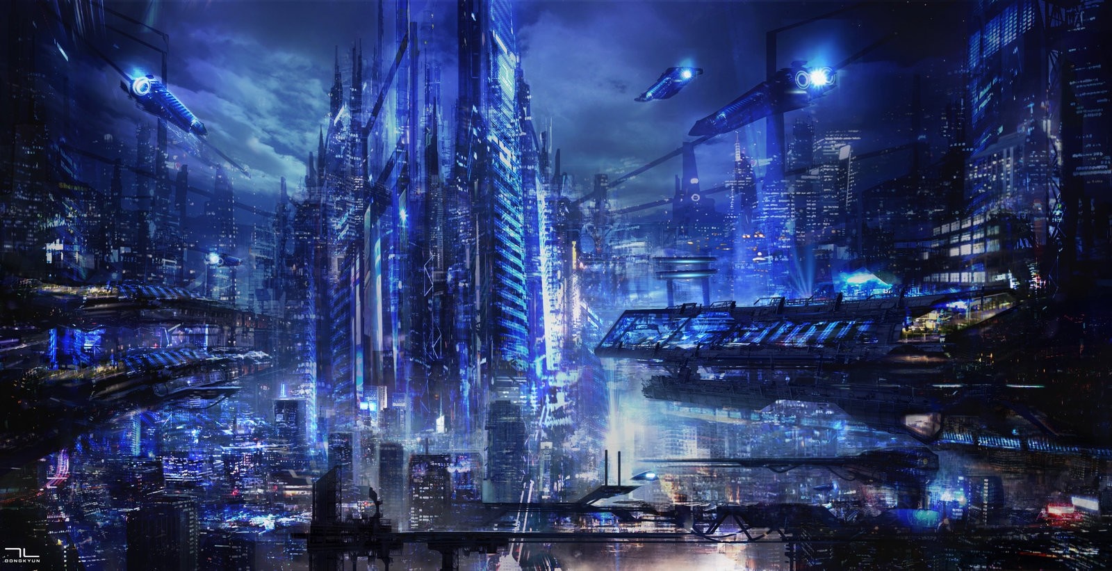 Futuristic city skyline at night with flying vehicles HD Wallpaper
