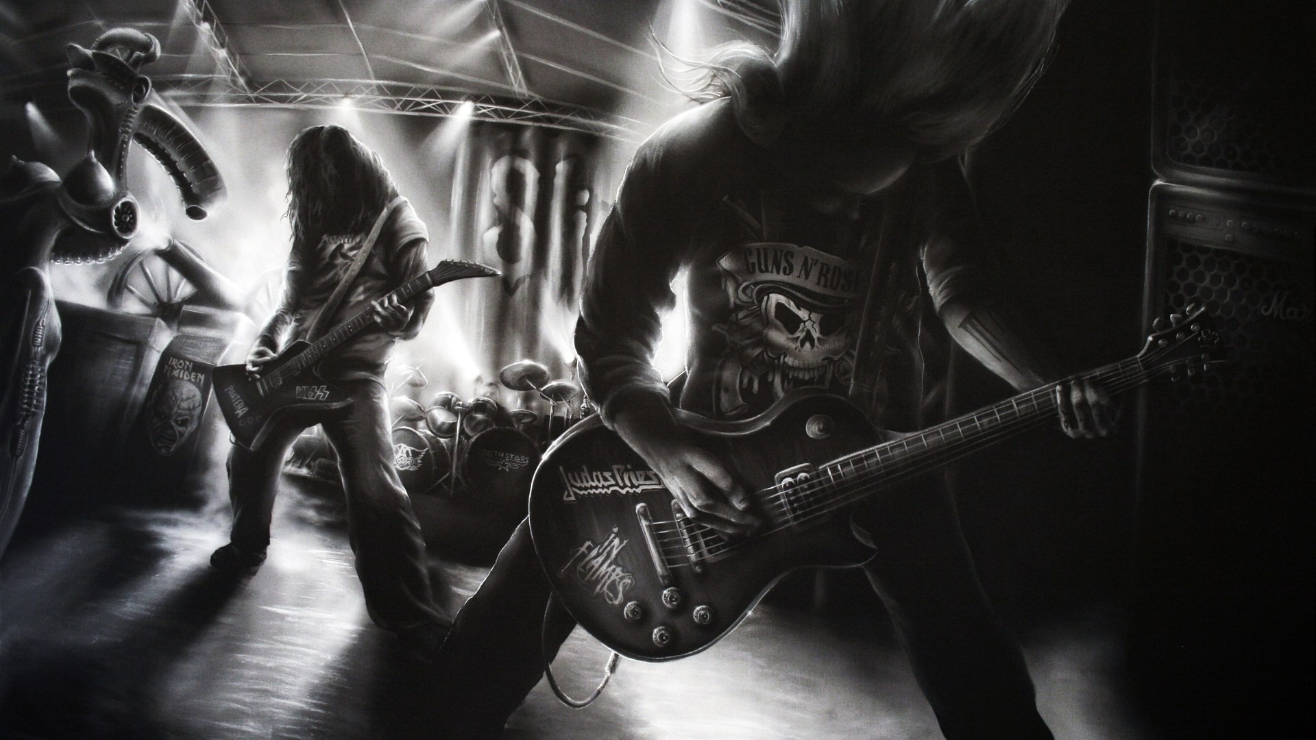 Monochrome rock band performing on stage HD Wallpaper