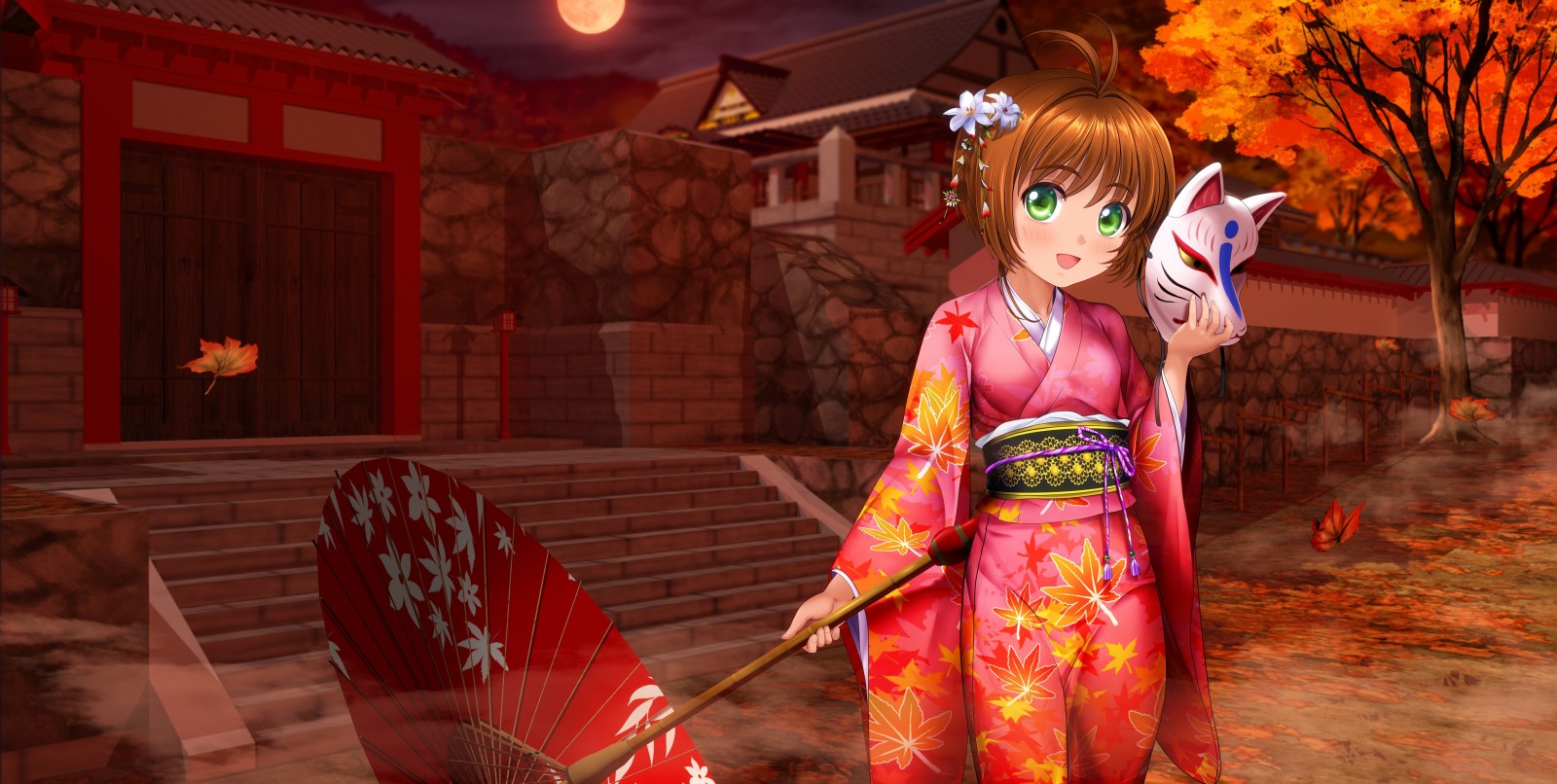 Sakura Kinomoto from Cardcaptor Sakura holding a fox mask HD Wallpaper