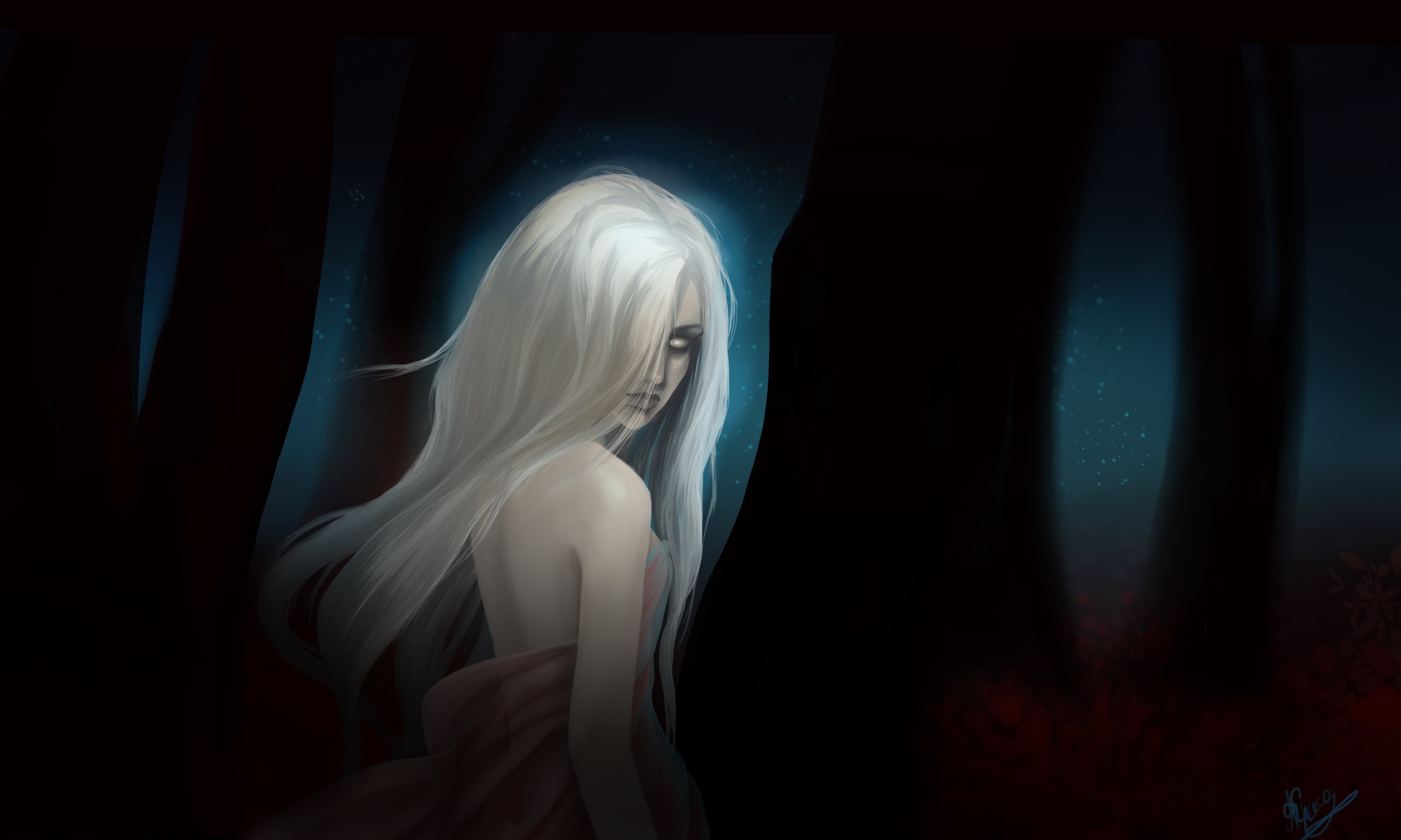 Fantasy art of a pale woman with white hair in darkness HD Wallpaper