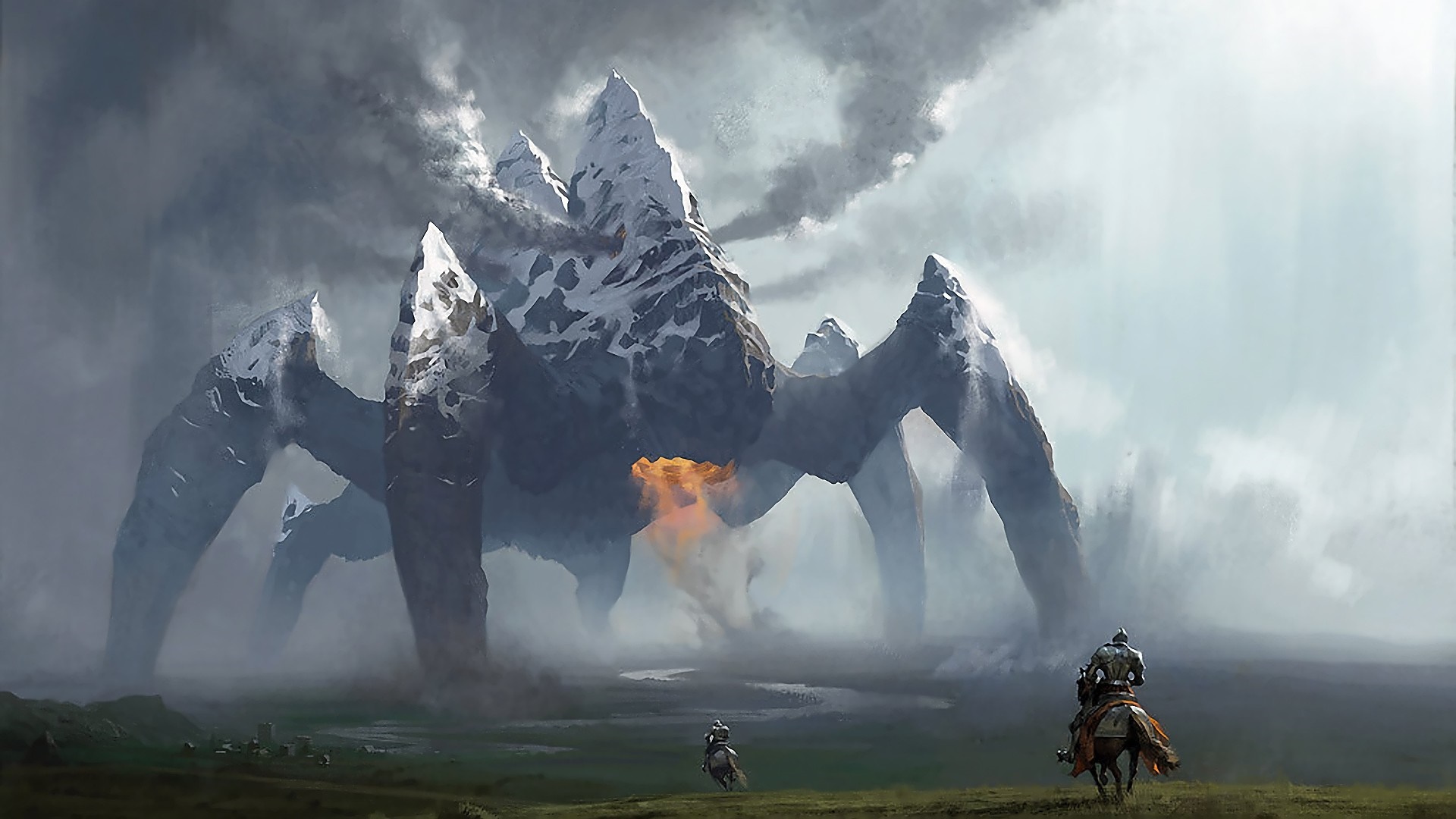 Fantasy mountain creature with knights on horseback HD Wallpaper
