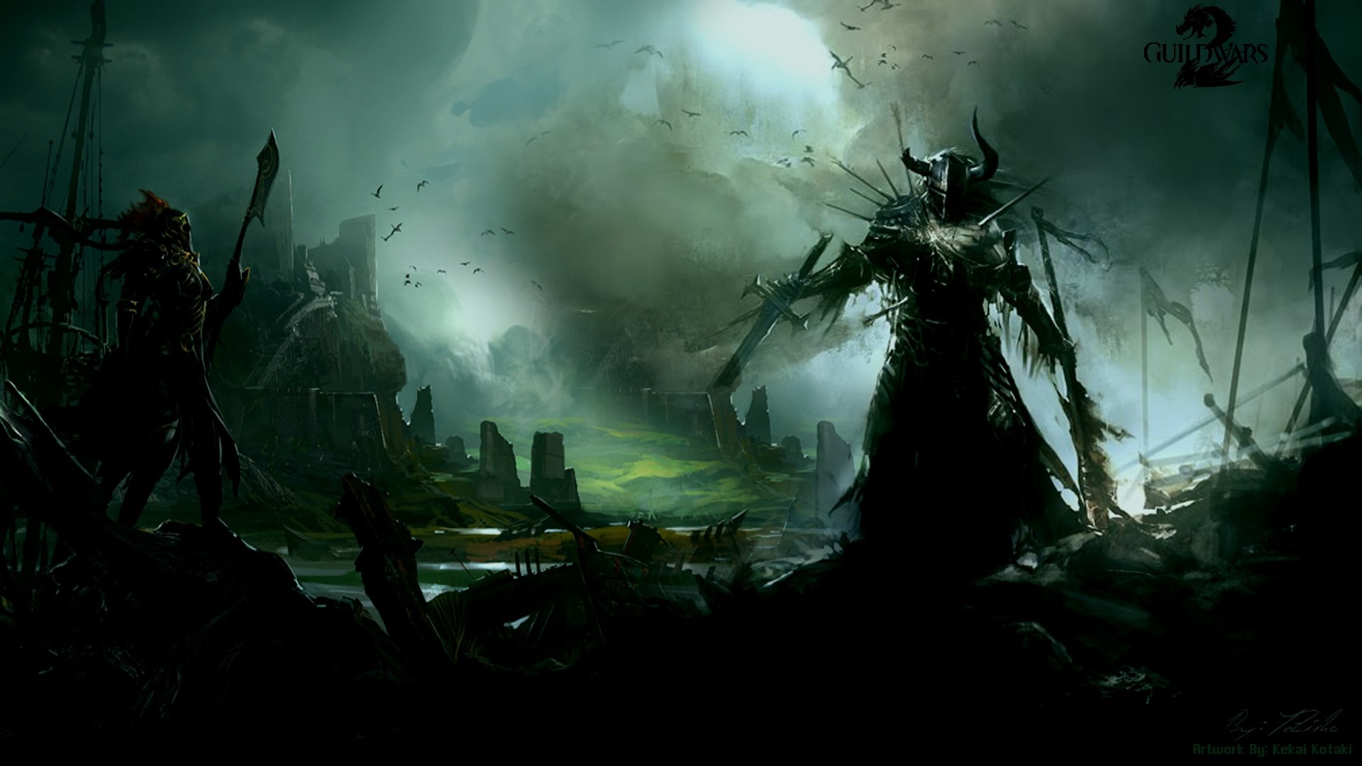 Guild Wars 2 artwork with dark figures and ruins HD Wallpaper