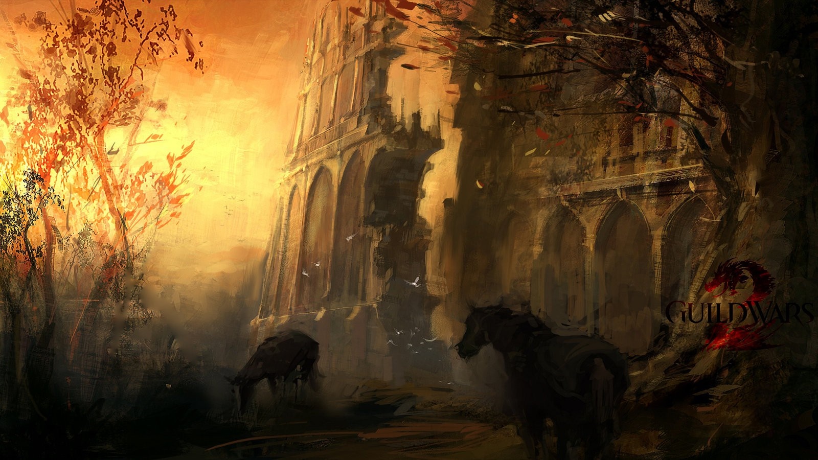 Artwork of Guild Wars 2 Ascalon Catacombs with horses HD Wallpaper