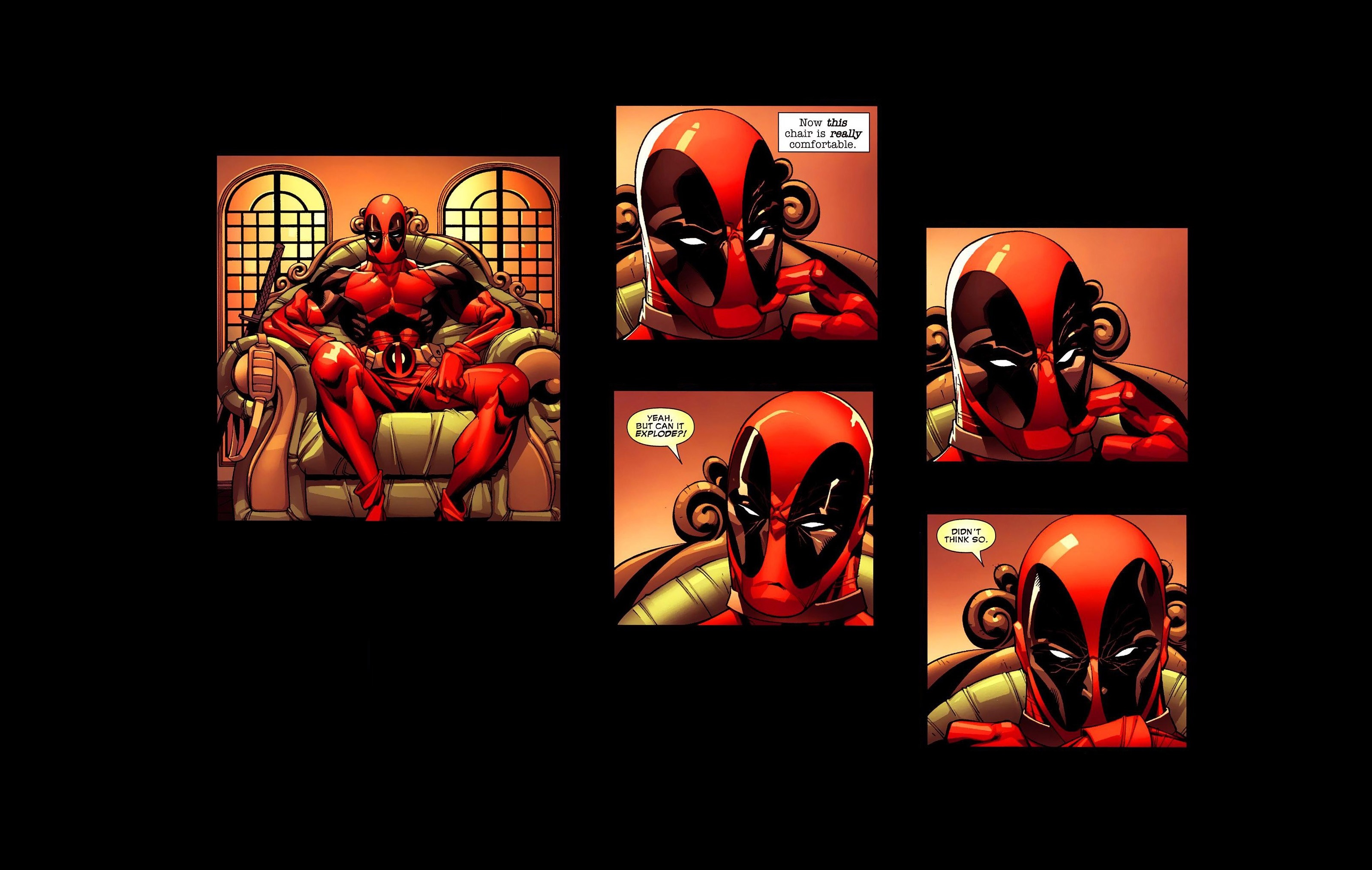 Deadpool sitting on a throne and in close-ups HD Wallpaper