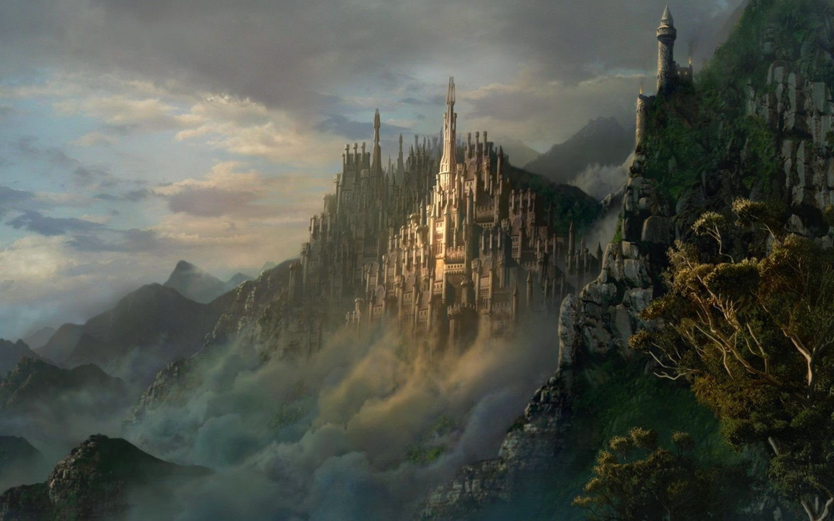 Fantasy castle city on a mountain cliff HD Wallpaper